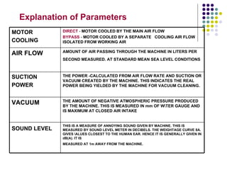 Explanation of Parameters
MOTOR         DIRECT - MOTOR COOLED BY THE MAIN AIR FLOW
              BYPASS - MOTOR COOLED BY A SEPARATE COOLING AIR FLOW
COOLING       ISOLATED FROM WORKING AIR

              AMOUNT OF AIR PASSING THROUGH THE MACHINE IN LITERS PER
AIR FLOW
              SECOND MEASURED. AT STANDARD MEAN SEA LEVEL CONDITIONS



SUCTION       THE POWER -CALCULATED FROM AIR FLOW RATE AND SUCTION OR
              VACUUM CREATED BY THE MACHINE. THIS INDICATES THE REAL
POWER         POWER BEING YIELDED BY THE MACHINE FOR VACUUM CLEANING.


              THE AMOUNT OF NEGATIVE ATMOSPHERIC PRESSURE PRODUCED
VACUUM        BY THE MACHINE. THIS IS MEASURED IN mm OF WTER GAUGE AND
              IS MAXIMUM AT CLOSED AIR INTAKE


              THIS IS A MEASURE OF ANNOYING SOUND GIVEN BY MACHINE. THIS lS
SOUND LEVEL   MEASURED BY SOUND LEVEL METER IN DECIBELS. THE WEIGHTAGE CURVE 8A.
              GIVES ALUES CLOSEST TO THE HUMAN EAR. HENCE IT IS GENERALLY GIVEN IN
              dB(A). IT IS
              MEASURED AT 1m AWAY FROM THE MACHINE.
 