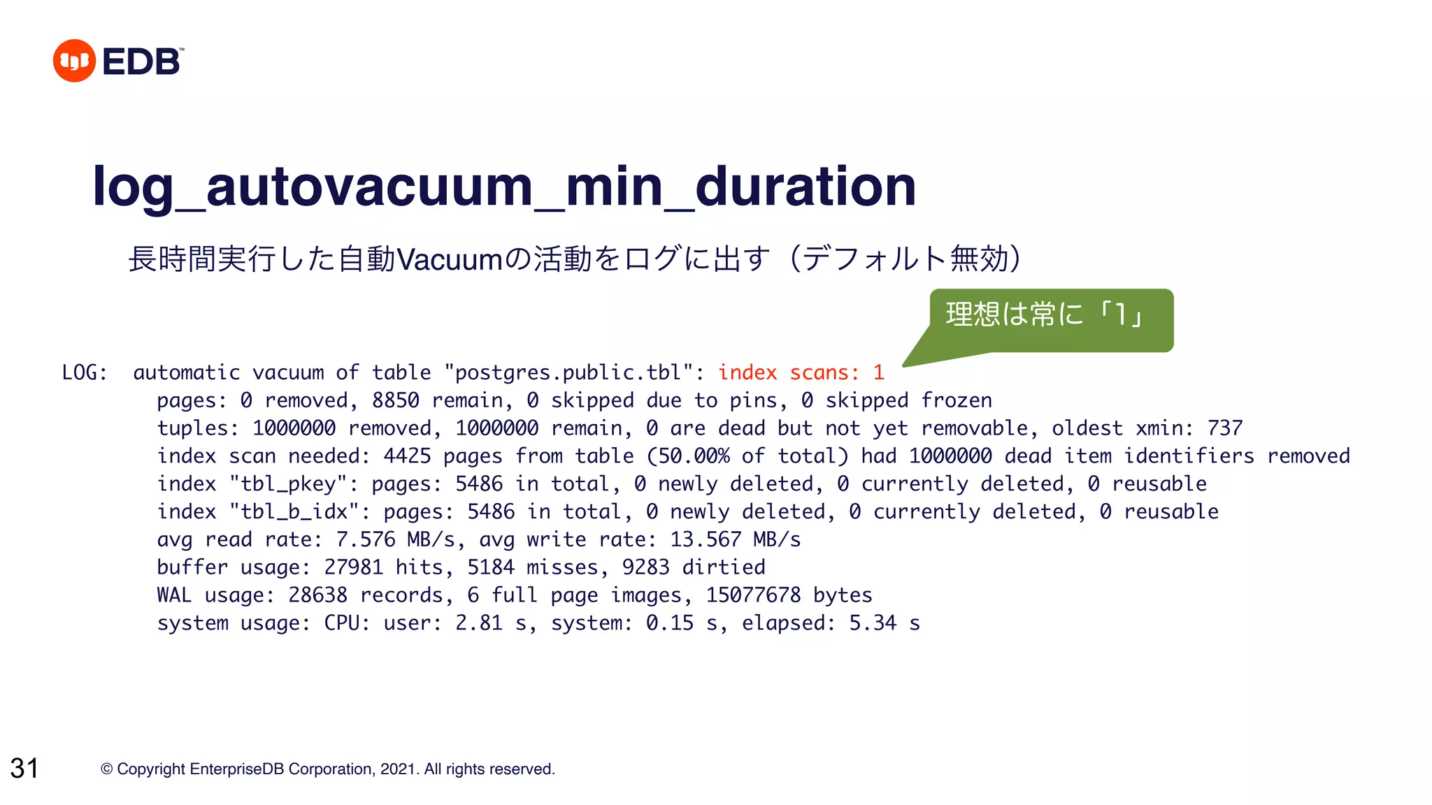 © Copyright EnterpriseDB Corporation, 2021. All rights reserved.
31
log_autovacuum_min_duration
長時間実行した自動Vacuumの活動をログに出す（デフォルト無効）
LOG: automatic vacuum of table "postgres.public.tbl": index scans: 1
pages: 0 removed, 8850 remain, 0 skipped due to pins, 0 skipped frozen
tuples: 1000000 removed, 1000000 remain, 0 are dead but not yet removable, oldest xmin: 737
index scan needed: 4425 pages from table (50.00% of total) had 1000000 dead item identifiers removed
index "tbl_pkey": pages: 5486 in total, 0 newly deleted, 0 currently deleted, 0 reusable
index "tbl_b_idx": pages: 5486 in total, 0 newly deleted, 0 currently deleted, 0 reusable
avg read rate: 7.576 MB/s, avg write rate: 13.567 MB/s
buffer usage: 27981 hits, 5184 misses, 9283 dirtied
WAL usage: 28638 records, 6 full page images, 15077678 bytes
system usage: CPU: user: 2.81 s, system: 0.15 s, elapsed: 5.34 s
理想は常に「1」
 