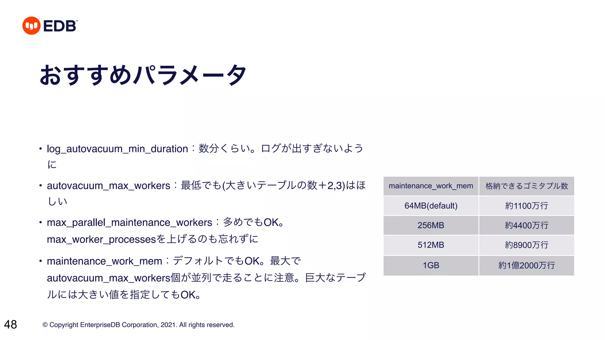 © Copyright EnterpriseDB Corporation, 2021. All rights reserved.
48
おすすめパラメータ
• log_autovacuum_min_duration：数分くらい。ログが出すぎないよう
に
• autovacuum_max_workers：最低でも(大きいテーブルの数＋2,3)はほ
しい
• max_parallel_maintenance_workers：多めでもOK。
max_worker_processesを上げるのも忘れずに
• maintenance_work_mem：デフォルトでもOK。最大で
autovacuum_max_workers個が並列で走ることに注意。巨大なテーブ
ルには大きい値を指定してもOK。
maintenance_work_mem 格納できるゴミタプル数
64MB(default) 約1100万行
256MB 約4400万行
512MB 約8900万行
1GB 約1億2000万行
 