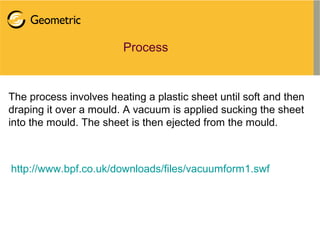 The process involves heating a plastic sheet until soft and then
draping it over a mould. A vacuum is applied sucking the sheet
into the mould. The sheet is then ejected from the mould.
Process
http://www.bpf.co.uk/downloads/files/vacuumform1.swf
 