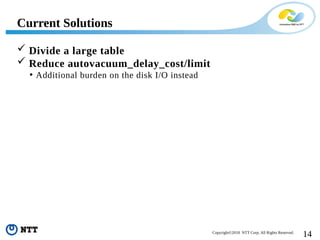 14Copyright©2018 NTT Corp. All Rights Reserved.
 Divide a large table
 Reduce autovacuum_delay_cost/limit
• Additional burden on the disk I/O instead
Current Solutions
 
