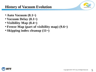 5Copyright©2018 NTT Corp. All Rights Reserved.
• Auto Vacuum (8.1~)
• Vacuum Delay (8.1~)
• Visibility Map (8.4~)
• Freeze Map (part of visibility map) (9.6~)
• Skipping index cleanup (11~)
History of Vacuum Evolution
 