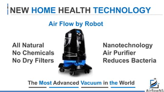 NEW HOME HEALTH TECHNOLOGY
All Natural
No Chemicals
No Dry Filters
Nanotechnology
Air Purifier
Reduces Bacteria
Air Flow by Robot
The Most Advanced Vacuum in the World
 