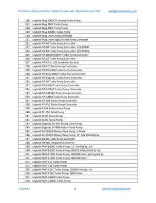 Pls email us if any questions. Subject to prior sale. Appreciate your time!            sales@semistarcorp.com  
 ID‐OEM‐1                                                                      6                                         sales@semistarcorp.com 
 
216  Leybold Mag 2000CTS Analog Turbo Pump 
217  Leybold Mag 2800 Turbo Pump 
218  Leybold Mag 400C Turbo Pump 
219  Leybold Mag 400MC Turbo Pump 
220  Leybold Mag Drive 2000 Controller 
221  Leybold Mag Drive Digital Turbo Pump Controller 
222  Leybold NT‐10 Turbo Pump Controller 
223  Leybold NT‐10 Turbo Pump Controller, P/N 85900 
224  Leybold NT‐10 Turbo Pump Controller, P/N 85901 
225  Leybold NT‐1000/1500VH Turbo Pump Controller 
226  Leybold NT‐12 Turbo Pump Controller 
227  Leybold NT‐12 UL 200 Controller for HLD 
228  Leybold NT‐120 Turbo Pump Controller 
229  Leybold NT‐150/360 Turbo Pump Controller 
230  Leybold NT‐150/360VH Turbo Pump Controller 
231  Leybold NT‐151/361 Turbo Pump Controller 
232  Leybold NT‐20 Turbo Pump Controller 
233  Leybold NT‐340M Turbo Pump Controller 
234  Leybold NT‐340M/I Turbo Pump Controller 
235  Leybold NT‐341 M/I Turbo Pump Controller 
236  Leybold NT‐341M Turbo Pump Controller 
237  Leybold NT‐361 Turbo Pump Controller 
238  Leybold NT‐450 Turbo Pump Controller 
239  Leybold S‐16B Rotary Vane Pump 
240  Leybold SC‐15D Scroll Pump 
241  Leybold SL‐80 Turbo Pump 
242  Leybold SL‐80 Turbo Pump 
243  Leybold Sogevac SV‐16D Rotary Vane Pump 
244  Leybold Sogevac SV‐40BI Rotary Vane Pump 
245  Leybold SV‐65BIFC Rotary Vane Pump, 1 Phase 
246  Leybold SV‐65BIFC Rotary Vane Pump, 3P, P/N 960464V by  
247  Leybold TD‐20 Turbo Pump Controller 
248  Leybold TD‐400 Frequency Converter 
249  Leybold TMP‐1000C Turbo Pump, 10" Conflat by , Inc 
250  Leybold TMP‐1000C Turbo Pump, ISO250 Inlet, ISO63 Ex. by  
251  Leybold TMP‐1100C Turbo Pump, ISO200K Inlet, with guard by  
252  Leybold TMP‐1100C Turbo Pump, ISO250K Inlet 
253  Leybold TMP‐150 Turbo Pump 
254  Leybold TMP‐151 Turbo Pump 
255  Leybold TMP‐151C Turbo Pump, ISO100 Inlet by , Inc 
256  Leybold TMP‐151C Turbo‐Pump, ISO63 Inlet 
257  Leybold TMP‐340M Turbo Pump 
258  Leybold TMP‐340MC Turbo Pump 
 