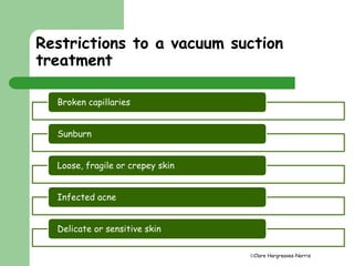 Restrictions to a vacuum suction 
treatment 
Clare Hargreaves-Norris 
Broken capillaries 
Sunburn 
Loose, fragile or crepey skin 
Infected acne 
Delicate or sensitive skin 
 