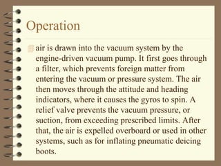 Operation 
 air is drawn into the vacuum system by the 
engine-driven vacuum pump. It first goes through 
a filter, which prevents foreign matter from 
entering the vacuum or pressure system. The air 
then moves through the attitude and heading 
indicators, where it causes the gyros to spin. A 
relief valve prevents the vacuum pressure, or 
suction, from exceeding prescribed limits. After 
that, the air is expelled overboard or used in other 
systems, such as for inflating pneumatic deicing 
boots. 
 