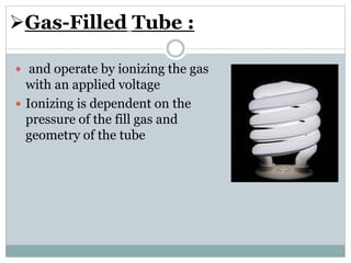 Gas-Filled Tube :
 and operate by ionizing the gas
with an applied voltage
 Ionizing is dependent on the
pressure of the fill gas and
geometry of the tube
 