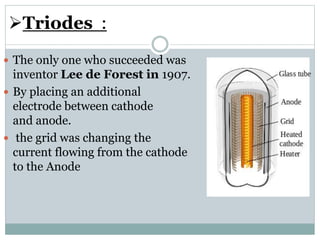 Triodes :
 The only one who succeeded was
inventor Lee de Forest in 1907.
 By placing an additional
electrode between cathode
and anode.
 the grid was changing the
current flowing from the cathode
to the Anode
 