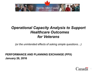 Operational Capacity Analysis to Support
Healthcare Outcomes
for Veterans
(or the unintended effects of asking simple questions…)
PERFORMANCE AND PLANNING EXCHANGE (PPX)
January 26, 2016
1
 
