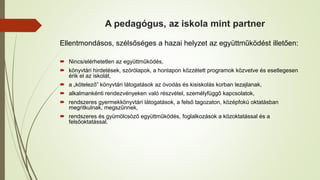 A pedagógus, az iskola mint partner
Ellentmondásos, szélsőséges a hazai helyzet az együttműködést illetően:
 Nincs/elérhetetlen az együttműködés,
 könyvtári hirdetések, szórólapok, a honlapon közzétett programok közvetve és esetlegesen
érik el az iskolát,
 a „kötelező” könyvtári látogatások az óvodás és kisiskolás korban lezajlanak,
 alkalmankénti rendezvényeken való részvétel, személyfüggő kapcsolatok,
 rendszeres gyermekkönyvtári látogatások, a felső tagozaton, középfokú oktatásban
megritkulnak, megszűnnek,
 rendszeres és gyümölcsöző együttműködés, foglalkozások a közoktatással és a
felsőoktatással.
 