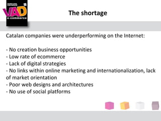 The shortage


Catalan companies were underperforming on the Internet:

- No creation business opportunities
- Low rate of ecommerce
- Lack of digital strategies
- No links within online marketing and internationalization, lack
of market orientation
- Poor web designs and architectures
- No use of social platforms
 