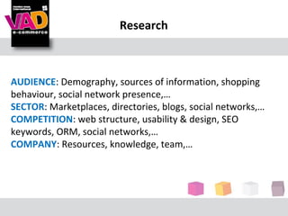 Research



AUDIENCE: Demography, sources of information, shopping
behaviour, social network presence,…
SECTOR: Marketplaces, directories, blogs, social networks,…
COMPETITION: web structure, usability & design, SEO
keywords, ORM, social networks,…
COMPANY: Resources, knowledge, team,…
 