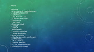 Cuprins:
Introducere
1.Structura generală a unei celule umane
1.2 MEMBRANA CELULARĂ
1.3 CITOPLASMA
1.4 NUCLEUL CELLULAR
1.5 ORGANITELE CELULARE
1.6 Mitocondria
1.7 RIBOZOMII
2. Diviziunea celulară
2.1 MITOZA
2.2 MEIOZA
3. Replicarea AND
3.1. Noţiunea de replicare
3.2. Fazele replicării AND
4. Sinteza proteinelor
4.1. Paradigma centrală a bioinformaticii
4.2. TRANSCRIPŢIA
4.3. CODUL GENETIC
4.4. ARN DE TRANSPORT
4.5. STRUCTURA RIBOZOMILOR
4.6. Mecanismul translaţiei
 
