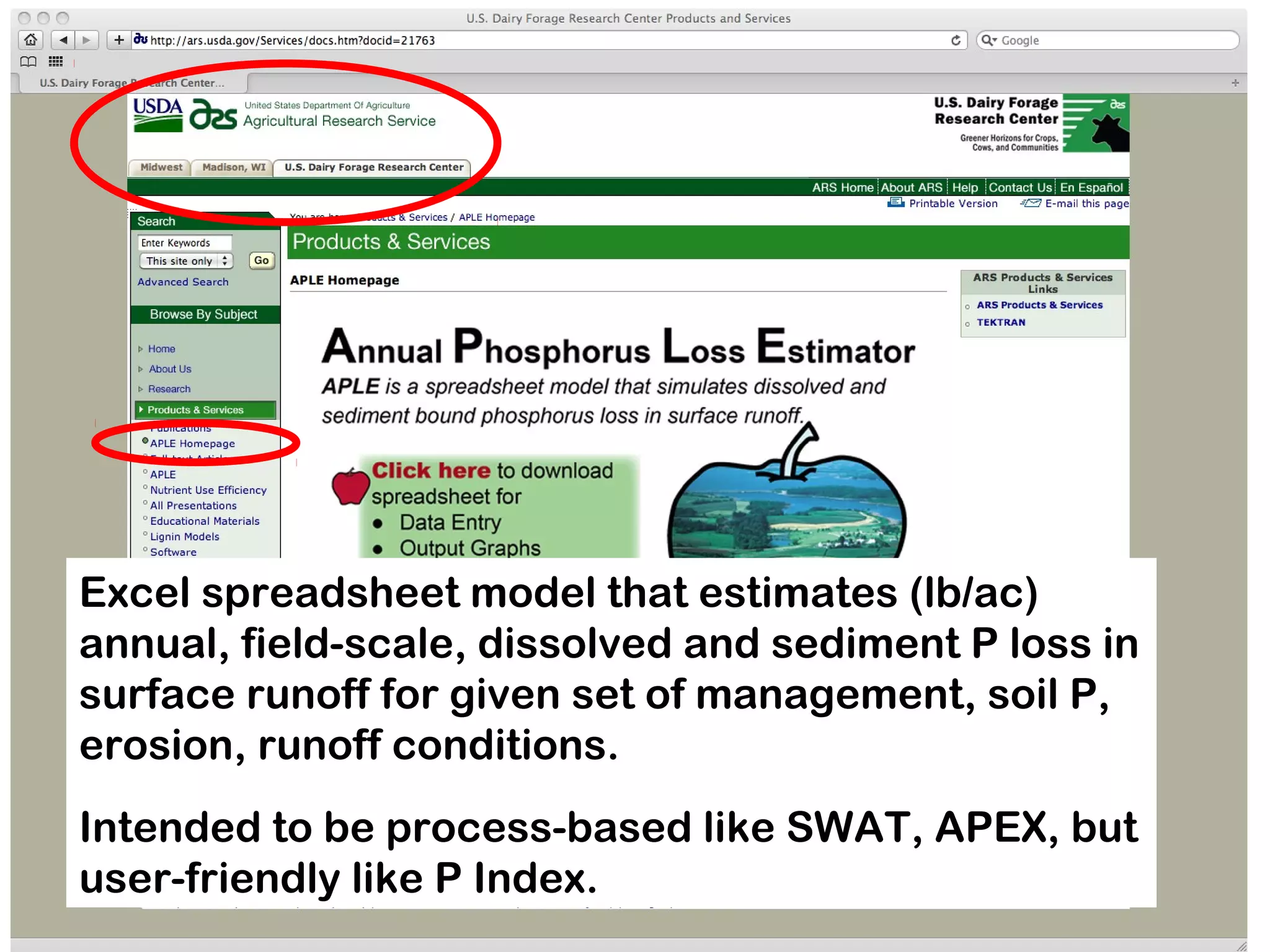 Excel spreadsheet model that estimates (lb/ac)
annual, field-scale, dissolved and sediment P loss in
surface runoff for given set of management, soil P,
erosion, runoff conditions.
Intended to be process-based like SWAT, APEX, but
user-friendly like P Index.
 