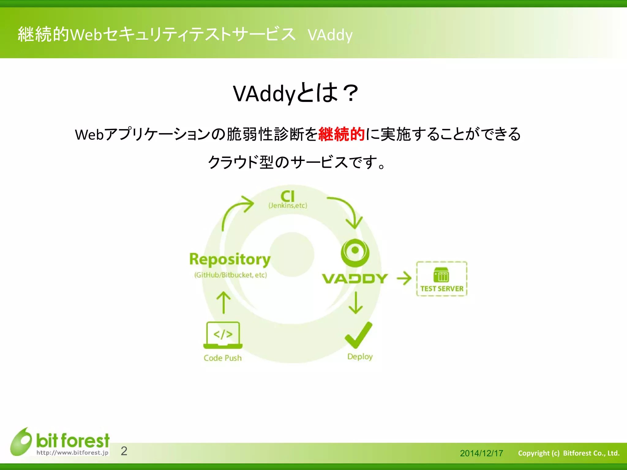Copyright (c) Bitforest Co., Ltd.
継続的Webセキュリティテストサービス VAddy
2014/12/172
VAddyとは？
Webアプリケーションの脆弱性診断を継続的に実施することができる
クラウド型のサービスです。
 