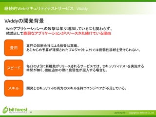 Copyright (c) Bitforest Co., Ltd.
継続的Webセキュリティテストサービス VAddy
2014/12/174
VAddyの開発背景
費用
専門の診断会社による検査は高価。
あらかじめ予算が確保されたプロジェクト以外では脆弱性診断を受けられない。
スピード
毎日のように新機能がリリースされるサービスでは、セキュリティテストを実施する
時間が無く、機能追加の際に脆弱性が混入する場合も。
スキル 開発とセキュリティの両方のスキルを持つエンジニアが不足している。
Webアプリケーションへの攻撃は年々増加しているにも関わらず、
依然として脆弱なアプリケーションがリリースされ続けている理由
 