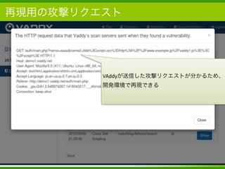 Copyright	
  (c)	
  	
  Bitforest	
  Co.,	
  Ltd.
 
再現用の攻撃リクエスト
23
VAddyが送信した攻撃リクエストが分かるため、
開発環境で再現できる
 