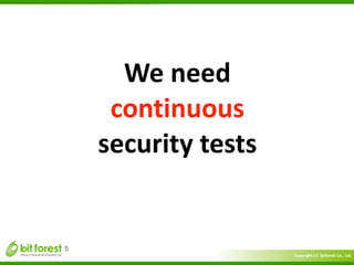 Copyright	
  (c)	
  	
  Bitforest	
  Co.,	
  Ltd.
 
5
We	
  need	
  
continuous	
  
security	
  tests
 