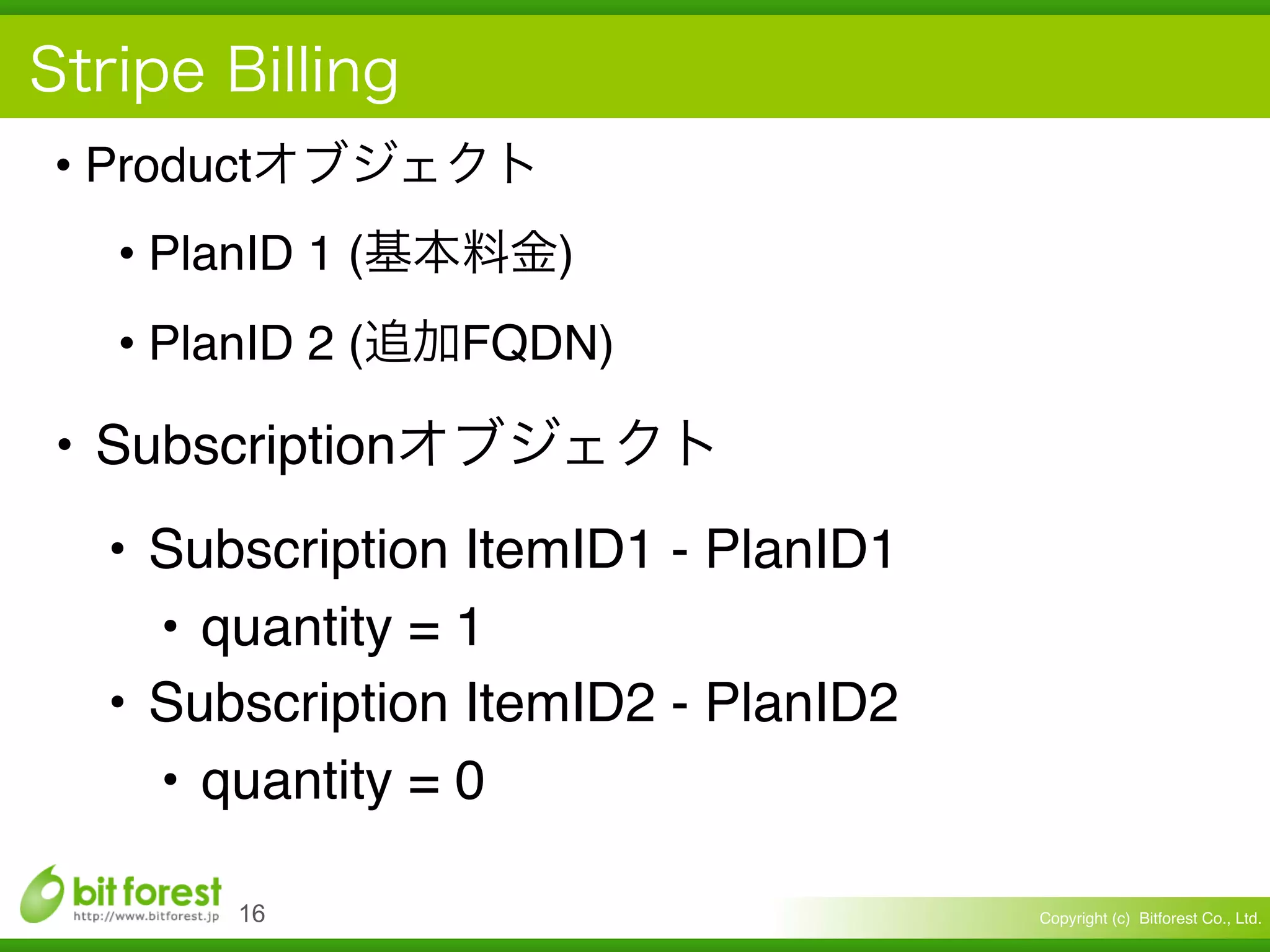 Copyright (c) Bitforest Co., Ltd.
• Product
• PlanID 1 ( )
• PlanID 2 ( FQDN)
!16
• Subscription
• Subscription ItemID1 - PlanID1
• quantity = 1
• Subscription ItemID2 - PlanID2
• quantity = 0
 