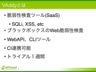 Copyright (c) Bitforest Co., Ltd.
• (SaaS)
• SQLi, XSS, etc
• Web
• WebAPI CLI
• CI
•
!5
 