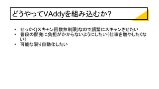 どうやってVAddyを組み込むか?
• せっかく(スキャン回数無制限)なので頻繁にスキャンさせたい
• 普段の開発に負担がかからないようにしたい（仕事を増やしたくな
い）
• 可能な限り自動化したい
 