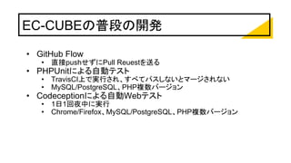EC-CUBEの普段の開発
• GitHub Flow
• 直接pushせずにPull Reuestを送る
• PHPUnitによる自動テスト
• TravisCI上で実行され、すべてパスしないとマージされない
• MySQL/PostgreSQL、PHP複数バージョン
• Codeceptionによる自動Webテスト
• 1日1回夜中に実行
• Chrome/Firefox、MySQL/PostgreSQL、PHP複数バージョン
 