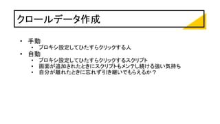 クロールデータ作成
• 手動
• プロキシ設定してひたすらクリックする人
• 自動
• プロキシ設定してひたすらクリックするスクリプト
• 画面が追加されたときにスクリプトもメンテし続ける強い気持ち
• 自分が離れたときに忘れず引き継いでもらえるか？
 