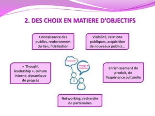 2. DES CHOIX EN MATIERE D’OBJECTIFS

               Connaissance des               Visibilité, relations
             publics, renforcement           publiques, acquisition
              du lien, fidélisation          de nouveaux publics…




      « Thought                                          Enrichissement du
leadership », culture                                       produit, de
 interne, dynamique                                   l’expérience culturelle
      de progrès



                             Networking, recherche
                                de partenaires
 