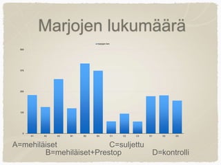 Marjojen lukumäärä
0
125
250
375
500
A1 A2 A3 B1 B2 B3 C1 C2 C3 D1 D2 D3
marjojen lkm
A=mehiläiset
B=mehiläiset+Prestop
C=suljettu
D=kontrolli
 