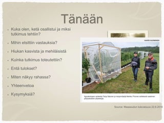 Tänään
Kuka olen, ketä osallistui ja miksi
tutkimus tehtiin?
Mihin etsittiin vastauksia?
Hiukan kasvista ja mehiläisistä
Kuinka tutkimus toteutettiin?
Entä tulokset?
Miten näkyy rahassa?
Yhteenvetoa
Kysymyksiä?
Source: Maaseudun tulevaisuus 22.6.2016
 