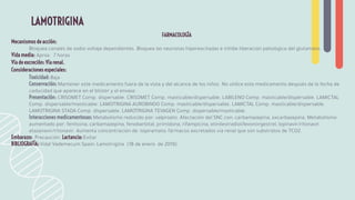 FARMACOLOGÍA
Mecanismos de acción:
Bloquea canales de sodio voltaje dependientes. Bloquea las neuronas hiperexcitadas e inhibe liberación patológica del glutamato.
Vida media: Aprox. 7 horas
Vía de excreción: Vía renal.
Consideraciones especiales:
Toxicidad: Baja
Conservación: Mantener este medicamento fuera de la vista y del alcance de los niños. No utilice este medicamento después de la fecha de
caducidad que aparece en el blíster y el envase.
Presentación: CRISOMET Comp. dispersable. CRISOMET Comp. masticable/dispersable. LABILENO Comp. masticable/dispersable. LAMICTAL
Comp. dispersable/masticable. LAMOTRIGINA AUROBINDO Comp. masticable/dispersable. LAMICTAL Comp. masticable/dispersable.
LAMOTRIGINA STADA Comp. dispersable. LAMOTRIGINA TEVAGEN Comp. dispersable/masticable
Interacciones medicamentosas: Metabolismo reducido por: valproato. Afectación del SNC con: carbamazepina, oxcarbazepina. Metabolismo
aumentado por: fenitoína, carbamazepina, fenobarbital, primidona, rifampicina, etinilestradiol/levonorgestrel, lopinavir/ritonavir,
atazanavir/ritonavir. Aumenta concentración de: topiramato; fármacos excretados vía renal que son substratos de TCO2.
Embarazo: Precaución Lactancia: Evitar
BIBLIOGRAFÍA: Vidal Vademecum Spain: Lamotrigina (18 de enero de 2019)
LAMOTRIGINA
 