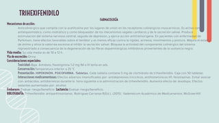 FARMACOLOGÍA
Mecanismos de acción:
Anticolinérgico que compite con la acetilcolina por los lugares de unión en los receptores colinérgicos muscarínicos. Es activo como
antiespasmódico, como midriático y como bloqueador de los mecanismos vagales cardiacos y de la secreción salival. Produce
estimulación del sistema nervioso central, seguido de depresión, y ejerce acción antitremorígena. En pacientes con enfermedad de
Parkinson, tiene efectos favorables sobre el temblor y es menos eﬁcaz contra la rigidez, acinesia, movimientos y postura. Mejora el estado
de ánimo y alivia la sialorrea excesiva al inhibir la secreción salival. Bloquea la actividad del componente colinérgico del sistema
nigroestriado a consecuencia de la degeneración de las ﬁbras dopaminérgicas inhibidoras provenientes de la sustancia negra.
Vida media: Su vida media es de 10 a 12 h.
Vía de excreción: Orina
Consideraciones especiales:
Toxicidad: Baja. Antídoto, ﬁsostigmina 1-2 mg IM o IV lenta en ads.
Conservación:Temperatura inferior a 25 °C
Presentación: HIPOKINON. PSICOFARMA. Tabletas. Cada tableta contiene 5 mg de clorhidrato de trihexifenidilo. Caja con 50 tabletas.
Interacciones medicamentosas: Efectos adversos intensiﬁcados por: antidepresivos tricíclicos, antihistamínicos H1, fenotiazinas. Evitar asociar
con: antiácidos, antidiarreicos durante la hora siguiente a la administración de trihexifenidilo. Aumenta efecto de: levodopa. Efectos
sedantes aumentados por: alcohol.
Embarazo: Evaluar riesgo/beneﬁcio. Lactancia: Evaluar riesgo/beneﬁcio.
BIBLIOGRAFÍA: Trihexifenidilo: antiparkinsonianos. Rodríguez Carranza R(Ed.), (2015). Vademécum Académico de Medicamentos. McGraw-Hill.
TRIHEXIFENIDILO
 