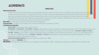 FARMACOLOGÍA
Mecanismos de acción:
Inhibe la resorción ósea, actúa sobre los osteoclastos maduros o sobre sus precursores. La inhibición de la velocidad de resorción ósea
conduce, de manera indirecta, a la formación de hueso. Inhibe a la enzima responsable de la biosíntesis de lípidos esenciales en el proceso
postranscripcional de la proteína GTPasa; la disminución de las concentraciones de este segundo mensajero reduce la actividad
osteoclástica de resorción ósea. Reduce la velocidad de formación de nuevas unidades remodeladoras de hueso, lo que conduce a un
aumento de la masa ósea después de varios meses de tratamiento.
Vida media: Su vida media terminal es de 10 años aproximadamente.
Vía de excreción: Un 50% se une al tejido óseo y el resto se elimina sin cambios en la orina.
Consideraciones especiales:
Conservación: No almacenar por encima de 25 ºC
Presentación: DRONADRIL. ALPHARMA. Tabletas. Cada tableta contiene alendronato sódico equivalente a 10 o 70 mg de alendronato. Caja
con blister pack con 30 tabletas de 10 mg. Caja con blíster con 4 tabletas de 70 mg en envase de burbuja. FOSAMAX. MERCK SHARP &
DOHME. Tabletas. Cada tableta contiene alendronato sódico equivalente a 10 o 70 mg de alendronato. Caja con 15 o 30 tabletas de 10
mg. Caja con 4 tabletas de 70 mg. ZONDRA. LIOMONT. Tabletas. Cada tableta contiene alendronato sódico equivalente a 10 mg de
alendronato. Caja con 30 tabletas de 10 mg.
Interacciones medicamentosas: Riesgo de irritación intestinal con: AINE
Embarazo: Precaución Lactancia: Evitar
BIBLIOGRAFÍA: Alendronato: antiosteoporósicos. Rodríguez Carranza R(Ed.), (2015). Vademécum Académico de Medicamentos. McGraw-Hill.
ALENDRONATO
 