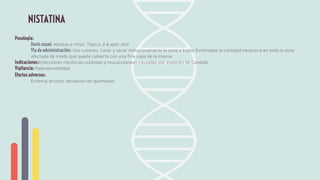 Posología:
Dosis usual: Adultos y niños. Tópica: 2-4 aplic./día.
Vía de administración: Uso cutáneo. Lavar y secar minuciosamente la zona a tratar.Extiéndase la cantidad necesaria en toda la zona
afectada de modo que quede cubierta con una ﬁna capa de la misma.
Indicaciones:Infecciones micóticas cutáneas y mucocutáneas causadas por especies de Candida.
Vigilancia: Hipersensibilidad
Efectos adversos:
Eritema, prurito, sensación de quemazón.
NISTATINA
 
