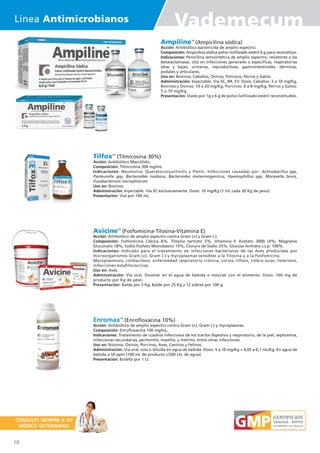 TilfoxTM
(Tilmicosina 30%)
Acción: Antibiótico Macrólido.
Composición: Tilmicosina 300 mg/mL.
Indicaciones: Neumonía, Queratoconjuntivitis y Pietín. Infecciones causadas por: Actinobacillus spp,
Pasteurella spp, Bacteroides nodosus, Bacteroides melaninogenicus, Haemophillus spp, Moraxella bovis,
Fusobacterium necrophorum.
Uso en: Bovinos.
Administración: Inyectable. Vía SC exclusivamente. Dosis: 10 mg/Kg (1 mL cada 30 Kg de peso).
Presentación: Vial por 100 mL.
AvicineTM
(Fosfomicina-Tilosina-Vitamina E)
Acción: Antibiótico de amplio espectro contra Gram (+) y Gram (-).
Composición: Fosfomicina Cálcica 6%, Tilosina tartrato 5%, Vitamina E Acetato 3000 UI%, Magnesio
Gluconato 18%, Sodio Fosfato Monobásico 15%, Cloruro de Sodio 25%, Glucosa Anhidra c.s.p. 100%.
Indicaciones: Indicado para el tratamiento de infecciones bacterianas de las Aves producidas por
microorganismos Gram (+), Gram (-) y mycoplasmas sensibles a la Tilosina y a la Fosfomicina.
Mycoplasmosis, colibacilosis, enfermedad respiratoria crónica, coriza, tifosis, cólera aviar, listeriosis,
infecciones estafilococcicas.
Uso en: Aves.
Administración: Vía oral. Disolver en el agua de bebida o mezclar con el alimento. Dosis: 160 mg de
producto por Kg de peso.
Presentación: Balde por 5 Kg, Balde por 25 Kg y 12 sobres por 100 g.
EnromaxTM
(Enrofloxacina 10%)
Acción: Antibiótico de amplio espectro contra Gram (+), Gram (-) y mycoplasmas.
Composición: Enrofloxacina 100 mg/mL.
Indicaciones: Tratamiento de cuadros infecciosos de los tractos digestivo y respiratorio, de la piel, septicemia,
infecciones secundarias, peritonitis, mastitis, y metritis, entre otras infecciones.
Uso en: Bovinos, Ovinos, Porcinos, Aves, Caninos y Felinos.
Administración: Vía oral, sola o diluída en agua de bebida. Dosis: 5 a 10 mg/Kg = 0,05 a 0,1 mL/Kg. En agua de
bebida a 50 ppm (100 mL de producto c/200 Lts. de agua).
Presentación: Botella por 1 Lt.
AmpilineTM
(Ampicilina sódica)
Acción: Antibiótico bactericida de amplio espectro.
Composición: Ampicilina sódica polvo liofilizado estéril 6 g para reconstituir.
Indicaciones: Penicilina semisintética de amplio espectro, resistente a las
betalactamasas. Uso en infecciones generales o específicas, respiratorias
altas y bajas, urinarias, reproductivas, gastrointestinales, dérmicas,
podales y articulares.
Uso en: Bovinos, Caballos, Ovinos, Porcinos, Perros y Gatos.
Administración: Inyectable. Vía SC, IM, EV. Dosis: Caballos: 3 a 10 mg/Kg,
Bovinos y Ovinos: 10 a 20 mg/Kg, Porcinos: 6 a 8 mg/Kg, Perros y Gatos:
5 a 10 mg/Kg.
Presentación: Viales por 1g y 6 g de polvo liofilizado estéril reconstituible.
10
Línea Antimicrobianos Vademecum
CONSULTE SIEMPRE A SU
MÉDICO VETERINARIO
 
