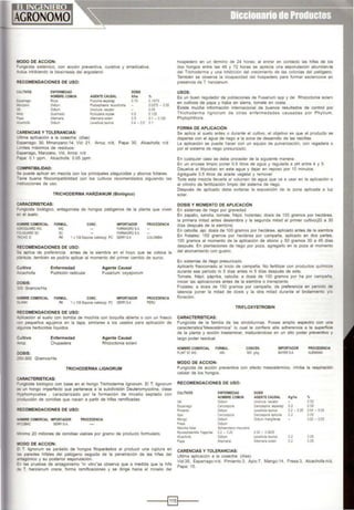 MODO DE ACCION:
=-ungicida sistémico, con acción preventiva, curativa y erradicativa.
Actúa inhibiendo la biosintesis del ergosterol.
RECOMENDACIONES DE USO:
CUlTIVOS ENFERMEDAD DOSIS
NOMBRE COMUN AGENTE CAUSAL ltlha %
:S;:arrago Roya P..:on aasparag 0.75 0.1875
lb•zano Oóu'Tl PoOosp~~am ltucotncna 0.0375- 005
'Vil OóU'Tl Unanu<a noea:or 0.05
·= Ouer"ado PynaAana oryzat 0 5 0.125
:- Alterrara Allerr.anal(>a• 0 5 0.1 - 0.125
- :achofa OóuM Leveoltuta taunea 0 4- 0.5 0.1
CARENCIAS Y TOLERANCIAS:
.., tima aplicación a la cosecha: (días)
:sparrago: 30, Mmanzano:14, Vid: 21, Arroz. n/d, Papa: 30, Alcachofa: n/d
_ miles máximos de residuos:
:sparrago, Manzano, Vid, Arroz: n/d
"apa: 0.1 ppm, Alcachofa: 0.05 ppm.
COMPATIBILIDAD:
Se puede aplicar en mezcla con los principales plaguicidas y abonos foliares.
- <!ne buena fitocompatibilidad con los cultivos recomendados siguiendo las
~strucciones de uso
TRICHODERMA HARZIANUM (Biológico)
CARACERISTICAS:
=.mgicida biológico, antagonista de hongos patógenos de la planta que viven
i!1l el suelo.
.OMBRE COMERCIAL
.:{;ROGUAROWG
~JUGUARO SC
~ CHO O
FORMUL. CONC.
WG
se
Rv1 1x 108 Esporas v•abieslgr PC
~COMENDACIONES DE USO:
IMPORTADOR
FARMAGROS.A.
FARMAGROS.A.
SERFI S.A
PROCEDENCIA
COlOMBIA
Se aphca de preferencia antes de la siembra en el hoyo que se coloca la
· .antula tamb1én se podría aplicar al momento del primer cambio de surco.
:ultivo
-icachofa
:lOSIS:
":00 Gramos/Ha
Enfermedad
Pudrición radicular
Agente Causal
Fusarium oxysporum
.Oii!BRE COMERCIAL FORMUL. CONC. IMPORTADOR
;....ANKI Rv1 1x 108 Esporas viables/gr. PC SERFI S.A
"ECOMENDACIONES DE USO:
PROCEDENCIA
PERU
"DDtcación al suelo con bomba de mochila con boquilla abierta o con un frasco
::on pequel'los agujeros en la tapa, similares a los usados para aplicación de
olllgunos herbicidas líquidos
:ultlvo
~-mz
lOSIS:
Enfermedad
Chupadera
:50-300 Gramos/Ha
Agente Causal
Rh!Zoclon•a solani
TRICHODERMA LIGNORUM
CARACTERISTICAS:
hospedero en un término de 24 horas; al entrar en contacto las hitas de los
dos hongos entre las 48 y 72 horas se aprecia una esporulación abundan-te
del Trichoderma y una inhibición del crecimiento de las colonias del patógeno.
También se observa la incapacidad del hospedero para formar esclerocios en
presencia de T. harzianum
USOS:
Es un buen regulador de poblaciones de Fusarium spp y de Rhizoclonia solan1
en culbvos de papa y haba en sierra, tomate en oosta.
Existe mucha información internacional de buenos resultados de control por
Th1choderma lignorum de otras enfermedades causadas por Phyttum
Phytophthora
FORMA DE APLICACIÓN
Se aplica al suelo antes o durante el cultivo. el objetivo es que el producto se
disperse con el agua de riego a la zona de desarrollo de las raicillas.
La aplicación se puede hacer con un equipo de pulverización, con regadera o
por el sistema de riego presurizado.
En cualquier caso se debe proceder de la siguiente manera:
En un envase limpio poner 0.5 litros de agua y regularla a pH entre 4 y 5.
Disuelva el Mycobac en esta agua y dejar en reposo por 10 minutos.
Agréguele 0.5 litros de aceite vegetal y remover
Toda esta mezcla llevarla al volumen de agua que va a usar en la aplicación o
al cilindro de fertilización limpio del sistema de riego.
Después de aplicado debe evitarse la expoSICión de la zona aplicada a luz
solar.
DOSIS Y MOMENTO DE APLICACIÓN
En sistemas de riego por gravedad
En zapallo, sandía, tomate, fréjol, holantao: dosis de 100 gramos por hectárea,
la primera mitad antes desiembra y la segunda mitad al primer cultivo(20 a 30
días después de la siembra)
En cebolla, ajo. dosis de 100 gramos por hectérea, aplicado antes de la siembra
En frutales: 150 gramos por hectárea por campaña, aplicado en dos partes,
100 gramos al momento de la aplicación de abono y 50 gramos 30 a 45 días
después En plantaciones de riego por poza, agregarlo en la poza al momento
del abonamiento con guano.
En sistemas de riego presurizado
Aplicarlo fraccionado al inicio de campal'la. No fertiliZar con productos qulmiCOs
durante ese periodo ni 5 días antes n1 5 dias después de este.
Tomate. fréjol, pápríka, cebolla: a dosis de 100 gramos por ha por campalla
inic1ar las aplicaciones antes de la s•embra o transplante.
Frutales: a dosis de 150 gramos por campana, de preferencia en penado de
latencia poner la mitad de dosis y la otra mitad durante el brotamíento y1o
floración.
TRIFLOXYSTROBIN
CARACTERISTlCAS:
Fungtcida de la familia de las strobilunnas. Posee amplio espectro con una
característica"Mesostérmica" lo cual le confiere alta adherencia a la superficte
de la planta y aoción traslaminar. traduoéndose en un alto poder preventivo y
largo poder res,dual.
NQI,!BRE COME.RCIAL FORMUL
FL NT 50WG WG
MODO DE ACCION:
CONCEN.
500 g'kg
IMPORTADOR
BAYER S.A.
PROCEDENCIA
AI..EI.~IA
Funglcida de acción preventiva con efecto mesostérmico. Inhibe la respiración
celular de los hongos.
=.;ngicida biológico con base en el hongo Trichoderma lignorum. El T. lignorum RECOMENDACIONES DE USO:
:s un hongo imperfecto que pertenece a la subdivisión Deuteromycotina, clase
-yphomycetes , caracterizado por la formación de micelio septado con
:roduccíón de conidias que nacen a partir de hífas ram1ficadas.
~COMENDACIONES DE USO:
<OIIIBRE COMERCIAL IMPORTADOR PROCEDENCIA
CO!W: SERFI S.A.
n•mo 20 millones de conidias viables por gramo de producto formulado.
'-'000 DE ACCION:
:. T. lignorum es parásito de hongos fitoparésitos al producir una ruptura en
.as paredes hifales del patógeno seguida de la penetración de las hitas del
.rtagónico y su posterior esporulación.
:n las pruebas de antagonismo "in vitro'se observa que a medida que la hita
::.e T. harzíanum crece, forma ramificaciones y se dirige hacía el micelio del
CULTIVOS ENFERMEDAD DOSIS
NOMBRE COMUN AGENTE CAUSAL Kgllta %
Vd Oldilr' Unancja necator 002
Es;>atrago Ceroospota Cerwspora asparag 0 2 005
"'- Oodlor"l Le'lt•luia taonea 0.2-0.25 004- 005
~ Ceroospota Ce'COSpo<a ~p~~a 0.2 oos
Ma"!IO OldMn OICI "m mang 1
erae J.02- 0.03
F..sa Oidium
Mandla lol ar Sphaeroteca macu ars
Mycospnaerella fragarae 0.2 - 0 25 0.05 - 0.0625
Aleacoofa Oidium Leve 1uta faunca 0.2 0.05
Papa Altemaria Alternarla solanl 0 2 0.05
CARENCIAS Y TOLERANCIAS:
Ultima aplicación a la cosecha: (días)
Vid:35, Esparrago:n/d, Pimíento:3, Apio 7, Mango:14, Fresa:3, Alcachofa:n/d,
Papa 15.
-----1§}1----
 