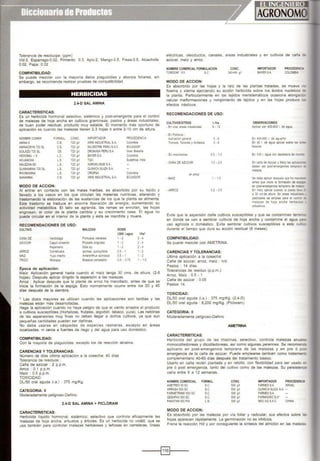 Tolerancia de residuops: (ppm)
Vid:3, Esparrago:0.02, Pimiento: 0.3, Apio:2, Mango:0.5, Fresa:0.5, Alcachofa:
0.02, Papa: 0.02
COMPATIBILIDAD:
Se puede mezclar con la mayoría deJos plaguicidas y abonos foliares, sin
embargo, se recomienda realizar pruebas de compatibilidad.
HERBICIDAS
2.4-D SAL AMINA
CARACTERISTICAS:
Es un herbicida hormonal selectivo, sistémico y post-emergente para el control
de malezas de hoja ancha en cultivos gramineas, pastos y áreas industriales,
de buen poder residual, producto muy estable. El momento más oportuno de
aplicación es cuando las malezas tienen 2-3 hojas ó entre 2-10 cm de altura.
NOMBRE COMER. FORMUL. CONC. IMPORTADOR PROCEDENCIA
AMIN!'. 6 C.S. 120 gn ARIS INDUSTRIAL S.A. Colorrb<a
AMINACRYS 720 SL C.S. 720 gA SILVESTREPERU SAC. ECUADOR
GOLAZO 120 SL es no gn DROKASAPERU S.A. Gran Bretaña
HEOONAL - 6 L.C. 720 gA BAYERS.A. Colombia
HOJANCHA LS. 720 gA TOC Sudafnca- india
t.IAlEZAN 6D L.S 720 gil AGROKLINGES.A.
QUIMIAMINA 720 Sl L.S. 720 gil QUÍMICA SUIZA SA
RHONAMINA l.S. 724 g/1 CROPSA Colombia
SANAMINA C.S. 720 g/1 ARIS INDUSTRIAl S.A. ECUADOR
MODO DE ACCION:
Al entrar en contacto con las malas hierbas, es absorbido por su tejido y
llevado a los vasos en los que circulan las materias nutritivas, alterando y
trastornando la elaboración de las sustancias de los que la planta se alimenta.
Este trastorno se traduce en enorme liberación de energía, aumentando su
actividad metabólica. El tallo se agranda, las ramas se enrollan, las hojas
engrosan, el color de la planta cambia y su crecimiento cesa. El agua no
puede circular en el interior de la planta y esta se marchita y muere.
RECOMENDACIONES DE USO:
CUlTIVO MAlEZAS DOSIS
1/200 l.agua 1/ha'
CAFIA DE Verdolaga Portutaca oleracea 1. 2 2-4
AZUCAR Capulicimarrón Physalisangulata 1 . 2 2-4
Rajamano Sida sp. 1. 2 2-4
ARROZ Correhuela lpcmea quinquifolia 0.5 . 1 1 · 2
MAIZ Yuyo macho Amaranthus spinasus 0.5. 1 1 . 2
TRIGO Mostaza Brassica campeslris 0.5. 0.75 1 . 1.5
Epoca de aplicación:
Maíz: Aplicación general hasta cuando el maíz tenga 30 cms. de altura, (2-8
hojas). Después aplicar dirigido la aspersión a las malezas.
Arroz : Aplicar después que la planta de arroz ha macollado, antes de que se
inicie la formación de la espiga. Esto normalmente ocurre entre los 20 y 45
días después de la siembra.
• Las dosis mayores se utilizan cuando las aplicaciones son tardías y las
malezas están más desarrolladas.
Haga la aplicación cuando no haya peligro de que el viento arrastre el producto
a cultivos susceptibles (Hortalizas, frutales, algodón, tabaco. yuca). Las néblinas
de las aspersiones muy finas no deben llegar a dichos cultivos, ya que aun
pequeñas cantidades pueden ser dañinas.
No debe usarse en céspedes de especies rastreras, excepto en áreas
localizadas, ni cerca a fuentes de riego y del agua para uso doméstico.
COMPATIBILIDAD:
Con la mayoría de plaguicidas, excepto los de reacción alcalina.
CARENCIAS Y TOLERANCIAS:
Número de días última aplicación a la cosecha: 40 días
Tolerancia de residuos :
Cafa de azúcar : 2 p.p.m.
Arroz : 0.1 p.p.m.
Malz : 0.5 p.p.m.
TOXICIDAD:
DL/50 oral aguda (i.a.) : 375 mg/Kg.
CATEGORIA: 11
Moderadamente peligroso-Dañino
2.4-D SAL AMINA + PICLORAM
CARACTERISTICAS:
Herbicida liquido hormonal, sistémico, selectivo que controla eficazmente las
malezas de hoja ancha. arbustos y árboles. Es un herbicida no volátil, que se
usa también para controlar malezas herbáceas y leñosas en carreteras, líneas
eléctricas, oleoductos, canales, areas industriales y en cultivos de caña -
azúcar, maíz y arroz.
NOMBRECOMERCIAL FORMULACION
TORDON' 101 S.C.
MODO DE ACCION:
CONC.
240+64 gil
IMPORTADOR
BAYERS.A.
PROCEDENQo
COlOMBIA
Es absorbido por las hojas y la raíz de las plantas tratadas, se mueve
floema y xilema ejerciendo su acción herbicida sobre los ácidos nucleicos :o-
la planta. Particularmente en los tejidos meristemáticos ocasiona elongacac>
celular malformaciones y rompimiento de tejidos y en las hojas produce
efectos násticos.
RECOMENDACIONES DE USO:
CULTIVOSIOTROS l./ha.
-En vías,areas industriales 8 - 12
-EnPotreros :
A¡>licación general 5 -9
Troncos, Tocones yAnillados 3 -4
- En mancilones 0.5 - 1.0
- CAÑA OE AZUCAR 1.0 · 2.0
en arroz
· MAIZ 1 . 1.5
- ARROZ 0.2. 0.5
OBSERVACIONES
Aplicar con 400-800 1 de agua.
En 400-600 l. de agua/ha
En 40 l. de agua aplicar sobre los =-'""
frescos.
En 100 l. agua con aspersora de ITlOC'
En caña de Azúcar y Maíz las aplic<>oa'la
deben ser post-emergentes tempra~ a
maleza.
Se debe aplicar después que ham~
antes que mic.e la formación de es:;.c;a
en post-emergencia temprano de ms<!:1
En malz aplicar cuando la planta In
a 30 cm.de altura. En areas industr.ae
pastizales se emplea para el conll':>
malezas de hoja ancha herbace:o..
arbustivos.
Evite que la aspersión dañe cultivos susceptibles y que se contaminen terre--
en donde se van a sembrar cultivos de hoja ancha y contamine el agua pa::
uso agrícola o doméstico. Evite sembrar cultivos susceptibles a este cut..
durante el tiempo que dura su acción residual (6 meses).
COMPATIBILIDAD:
Se puede mezclar con AMETRINA.
CARENCIAS Y TOLERANCIAS:
Ultima aplicación a la cosecha:
Caña de a:túcar, arroz, maíz : n/d.
Pastos : 14 días.
Tolerancias de residuo (p.p.m.):
Arroz, Maíz : 0.5 - 1
Caña de azúcar : 0.05
Pastos 14.
TOXICIDAD:
DL/50 oral aguda (i.a.) : 375 mg/Kg. (2,4-D)
DL/50 oral aguda : 8,200 mg/Kg. (Picloram).
CATEGORIA: 11
Moderadamente peligroso-Dañino
AMETRINA
CARACTERISTICAS:
Herbicida del grupo de las triazinas, selectivo, controla malezas anua e::
monocotiledoneas y dícotiledoneas, así como algunas perennes. Se recomien=:
aplicarlo en post-emergencia temprana de las malezas y en pre ó pos
emergencia de la caña de azúcar. Puede emplearse también como tratamier::
complementario 40-60 días después del tratamiento básico.
Usarlo en caña recién plantada y en retoño, con flexibilidad para ser usado a-
pre ó post emergencia, tanto del cultivo como de las malezas. Su persistencE
varía entre 6 a 12 semanas.
NOMBRECOMERCIAl
AMETREX 50 SC
ARRASA500 SC
FARMETRIN® 500 SC
GESAPAX 500 SC
PAKATAN 500 FW
FORMUL.
MODO DE ACCION:
S.C.
S.C.
S.C.
S.C
L.S.
CONC.
5oo gn
500 gn
soo gn
5oo gn
soo gn
IMPORTADOR PROCEDENCI.l
FARMEXSA ISRAEl
QUÍMICA SUIZA S.A. -
FARMEXSA
FARI•IAGRO S.A'
NEOAG S.A.C. CHINA
Es absorbido por las malezas por vía foliar y radicular; sus efectos sobre las
hojas aparecen rápidamente. La germinación no es inhibida.
Frena la reacción Hill y por consiguiente la síntesis del almidón en las malezas
----1~1----
 