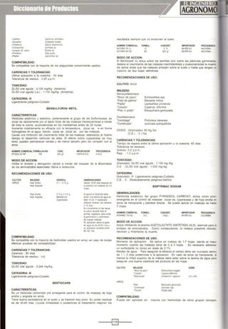 •Cadolo•
cSona¡rtu
cChamtCO•
cCa'T'Ipdr: a•
•lengua de vaca•
cPlcha'la•
ePa¡la>
COMPATIBILIDAD:
Cti'IChM IChoatus
Ooutana tlleal'a
Da:ura SUOmor'l'llm
tpomoea sp
Roo-ex sp
s.ca aor.a
lepiOCIIIOa sp
Es compatible con la mayorla de los plaguicidas comúnmente usados.
CARENCIAS Y TOLERANCIAS:
Ultima aplicación a la cosecha : 30 dfas
Tolerancia de residuo . 0.25 p.p.m.
TOXICIDAD:
DL/50 oral aguda : 5,100 mg/Kg. (Airazina)
DL/50 oral aguda (l.a.} : 1,110 mg/Kg. (Ametrina)
CATEGORIA: 111
Ligeramente peligroso-Cuidado
BENSULFURON METIL
CARACTERISTICAS:
Herbicida sistémico y selectivo, perteneciente al grupo de las Sulfonilureas, es
zúcar as rápodamente por el tejodo foliar de las malezas translocandose a través
de toda la planta, acumulándose en los meristemas antes de 24 horas.
Aumenta notablemente su eficacia con la temperatura. zúcar as e en forma
homogénea en el agua, siendo zúcar as zúcar as por las malezas.
Causa una inhoboción del aecomiento foliar de las malezas. retardando al mismo
tiempo el desarrollo radocular de ellas El efecto sobre cyperaceas es muy
lento, pueden permanecer verdes y de menor tamaño pero sin competir con el
arroz.
NOMBRECOMERCIAl FORMULACIO'I
STOSAC60WP P'-l
MODO DE ACCION:
CONC.
600~1
IMPORTADOR
hORTUSSA
PROCEDENCIA
CHilE
Inhibe la divosión y elongación celular a través del bloqueo de la Biosintesis
de los aminoácidos esenciales Vallna e lsoleucina.
RECOMENDACIONES DE USO:
CUl TIVO
ARROZ
MALEZAS
Hoja Ancha
Hoja Angosta
Ho1a Ancha
Ho¡a Angosta
COMPATIBILIDAD:
DOSIS/ha
0.1- 0.12 g
0.12 g + 2 5 g
Metsulfuron
Cyperaceas
OBSERVACIONES
Aplicar 15-25 dias después de
la siembra con malezas de 2-4
hojas.
Al apl carel herbicida debe
eXJstir una lámina de agua de
Metil 10 cm. Ymantenerlo
reten1da durante una semana
6 10 dlas
Es oonveniente no dar secas
al culbvo durarte todo el
penódo vegetativo para evttar
la ge!'rMaoCII ycreom.ento
de nuevas rra!ezas.
En aplicaciOO aérea el gasto
de agua es de 40-50 l.lha y
en aplicaaór terrestre en:n
90-100 Lña
Es compatible con la mayorfa de herbocodas usados en arroz, en caso de dudas
efectuar pruebas de compatibilidad.
CARENCIAS Y TOLERANCIAS:
Carencia : 80 días
Tolerancia de residuo n/d
TOXICIDAD:
DL/50 oral aguda : 9.244 mg/Kg.
CATEGORIA: 111
Ligeramente peligroso-Cuidado
BENTIOCARB
CARACTERISTICAS:
Es un herbicida carbamato pre emergente para el control de malezas de hoja
ancha y angosta en arroz.
Tiene buena persistencia en el suelo y se trastoca muy poco. Su poder residual
es de 30-45 dlas. Lluvias inmediatas o posteriores al tratamiento mejoran los
resultados soempre que no erosionen al suelo.
HOMBRE COMERCIAL
SATURN 5'1. G
SATURN 900 EC
FORMUL
G
ec
MODO DE ACCION:
IMPORTADOR
BAYERSA
BAYERSA
PROCEDENCIA
NACIONAL
NACIONAl
El Ben~ocarb no actúa sobre las semillas sino sobre las plántulas gerrninadas
detiene el aedmtento de las malezas marcllitándolas y ocasionándoles la muerte
Se aplica antes que las malezas eme~an sobre el suelo o hasta que tengan u-
máximo de dos hojas definitivas
RECOMENDACIONES DE USO:
CULTIVO: Arroz
MALEZAS:
Monocotoledoneos:
"Moco de pavo"
"Pata de gallina"
"Pajilla"
"Coquito•
"Piso 6 posito•
Oocotoledoneos
"Verdolaga·
"Correhuela·
Echinochloa spp
Eleusina Indica
Leptochloa uninervía
Cyperus diformis
Eleujocharis geniculata
Portulaca oleracea
lpomoea quinquefolia
DOSIS· (Granulado} 60 Kg/ ha.
(C.E) 3 l./ha
CARENCIAS Y TOLERANCIAS:
Trempo de espera entre la últoma aphcacoón y 'a cosecha: 60 días.
Tolerancoa de resoduos
Granos: O2 p.p.m
Pa¡a . 1.0 p p.m
TOXICIDAD:
Granulado: DL/50 oral aguda : 1,130 mg./Kg.
C.E. · DL/50 oral aguda 1,033 mg.lkg.
CATEGORIA:
Granulado: 111 Ligeramente peligroso-Cuidado
C.E. : 11 Moderadamente peligroso-Daílino
BISPYRIBAC SODIUM
GENERALIDADES:
Herbicida sistémico del grupo PYRIMIDOL CARBOXY, actúa como post-
emergente en el control de malezas zúcar as, cyperaceas y de hoja ancha e~
arroz de transplante y siembre directa. Se puede aplicar en malezas de hasb
7 hojas.
NOMBRE COMERCIAL FORMUL.
NOMINEE 100 SC SC
MODO DE ACCION:
CONCENT.
100g.~
IMPORTADOR
BAYERSA
PROCEDENCIA
COlOMBIA
Actúa inhibiendo la enzoma ACETOLACTATO SINTETASA (ALS). esencial paJa .:
sintesis de aminoácidos. Como consecuencia. la maleza presenta cloros s
neaosis y finalmente la muerte.
RECOMENDACIONES DE USO:
Momento de aplicacoón Se aplica en maleza de 1·7 hojas, siendo el me¡or
momento cuando las malezas bene de 3 a 4 hojas. Es necesario adicoonar
un surfactante no iómco en dosos de O,1%
Mane¡o de agua Para asegurar la eficacia el campo debe ser inundado dentro
de 1 - 3 dias postenores a la aplicación. En caso de arroz de transplante, a
menos la motad superior de la maleza debe estar sobre la lamina de agua para
asegurar una buena cobertura del producto en las hojas.
CUlTIVO
ARROZ
MAlEZAS
"Moco de pavo'
'CoQu to'
'Maze<qu na·
"Prso'
'Correhuela'
'FIO<cita'
COMPATIBILIDAD:
Echnochloa ousga lt
Cyperus dlfformis
lschaeoum rugosum
Eleochans gen culata
lpomoea spp
Eclipta a'ba.
DOSIS
0.4 UHA
Puede ser aplicado en mezcla con herbicidas de otros grupos (excepto
----t§Jt----
 