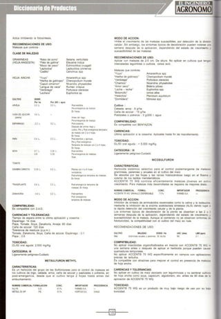 Actúa inhibiendo la fotosfntesis.
RECOMENDACIONES DE USO:
Malezas que controla :
CLASE DE MALEZAS
GRAMINEAS
(HOJA ANGOSTA)
"Rabo de zorro"
"Pata de gallina"
"Moco de pavo·
"Leptocloa"
"Cadillo"
HOJA ANCHA
CULTIVO
ARVEJA
CAÑA DE AZUCAR:
(planta)
ESPARRAGO
PPPA
SOYA
lOMATE
"Yuyo"
"Hierba de gallinazo•
"Capuli cimarron·
"Lengua de vaca"
'Verdolaga"
"Lechera"
DOSIS
Por ha
0.3 L.
3-4 L.
.0.2 L.
0.4 L.
0.7 l.
0.6
Por 200 l. agua
0.3 l.
02 l.
0.3 L.
0.35 l.
0.30
SIEMBRA DIRECTA O33 l. 0.2 L.
TRANSPLANTE 0.4 L. 0.3 L.
ZANAHORIA 0.4 L. 0.2 L.
COMPATIBILIDAD:
Es compatible con 2-4-D.
CARENCIAS Y TOLERANCIAS:
Setaria verticillata
Eleusina indica
Echinochloa crusgalli
Leptochloa uninervia
Cenchrus spp
Amaranthus spp
Chenopodium murale
Nicandra physalodes
Rumex crispus
Portulaca oleracea
Euphorbia sp
Post-siembra.
Pre-emergenc.a de ma eza
En franja.
Antes del riego.
Pre-emergenaa de maleza
Post-cosecha.
Después del primer riego y
cultivo. Pre y Post emergenaa temprano
de maleza con 2 a 4 hojas.
En fran¡a.
Post-siembra y aporque.
Pre y Post emergencia
Temprana de malezas con 2a 4 ho1as
En fran¡a.
Post-siembra.
Pre-emergencia de malezas.
Total.
Plantas con 4 a 6 hojas
verdaderas.
Pcst-11mergencia temprana de malezas.
En franja.
Post-emergencia temprana de
malezas. En franja.
Post-siembra.
Post emergenaa
temprana de malezas.
Tiempo de espera entre la última aplicación y cosecha :
Esparrago: 14 días
Papa, Tomate, Soya, Zanahoria, Arveja: 60 días
Caña de azúcar: 120 días
Tolerancia de residuos (p.p.m.):
Tomate, Zanahoria, Soya, Caña de azúcar. Espárrago : O.1
Papa ; 0.6
TOXICIDAD:
DU50 oral aguda: 2,500 mgfKg.
CATEGORIA: 111
Ligeramente peligroso-Cuidado
METSULFURON METHYL
CARACTERISTICAS:
Es un herbicida del grupo de las Sulfonilureas para el control de malezas en
los cultivos de trigo, cebada, arroz, caña de azúcar y pastizales o potreros, en
post-emergencia, desde que el cultivo tenga 2 hojas hasta antes del
embuchamiento.
NOMBRE COMERCIAL FORMULACION
ALLY® G.D.
METSUL 50 WP P.E.
CONC.
60%
50%
IMPORTADOR
FARMEXSA
HORTUSS.A.
PROCEDENCIA
CHILE
MODO DE ACCION:
Inhibe el crecimiento de las malezas susceptibles, por detección de la divisu
celular. Sin embargo, los sintomas tfpicos de decoloración pueden notarse w¿
semana después de la aplicación, dependiendo del estado de crecimiento
susceptibilidad de las malezas.
RECOMENDACIONES DE USO:
Aplicar con malezas de 2-5 cm. De altura. No aplicar en cultivos que tenga-
intercaladas legumbres o cultivos icinos ació.
Malezas que controla:
"Yuyo·
"Hierba de gallinazo•
"Verdolaga"
"Chamico"
"Amor seco"
"Leche - leche"
"Botoncillo•
"Helechos"
'Dormidera•
Cultivo :
Cebada, arroz : 8 g/ha
Caña de azúcar : 15 gfha
Amaranthus spp
Chenopodium murale
Portulaca oleracea
Nicandria physalodes
Bidens pilosa
Euphorbia spp
icinos alba
Pteridium aquilidium
Mimosa spp
Pastizales o potreros : 3 gf200 l. agua
COMPATIBILIDAD:
Es compatible con BENTAZON.
CARENCIAS:
Ultima aplicación a la cosecha: Aplicable hasta fin de macollamiento.
TOXICIDAD:
DU50 oral aguda : > 5,000 mg/Kg.
CATEGORIA : 111
Ligeramente peligroso-Cuidado
NICOSULFURON
CARACTERISTICAS:
Herbicida sistémico selectivo para el control postemergente de malezas
gramíneas, perennes y anuales en el cultivo del malz.
Se absorbe por las hojas y las raíces trastocándose luego en el floema
xylema de los tejidos meristemáticos.
ACCENT® 75 WG controla eficientemente malezas jóvenes en act •
crecimiento. Para malezas más desarrolladas se requiere de mayores dosis
NOMBRECOMERCIAL FORMUL.
ACCENT® 75 WG GRANULO DISPERSABLE
MODO DE ACCION:
CONC.
75%
IMPORTADOR
FARMEXSA
PROCEDEHCI.Z
lnhíbidor de síntesis de aminoácidos escenciales como la valina y la isoleucitli.
mediante la inhibición de la enzima acetolactata sintetasa (ALS) dando fuga' =:
la rápida detención del crecimiento celular y de la planta.
Los síntomas típicos de decoloración de la planta se obsérban a las 2 o •
semanas después de la aplicación, dependiendo del estado de crecimiento
susceptibilidad de la maleza. Aunque al comienzo no se observan slntomas ~
fototoxicidad, la competitividad con el cultivo del maíz es nula.
RECOMENDACIONES DE USO:
MALEZAS DOSIS / HaCULTIVO
Maa Gramíneas anuales y perennes 50 mVha
COMPATIBILIDAD:
UAC (días)
NA
LMR (ppm)
0.1
No aplicar insecticidas organofosforados en mezcla con ACCENT® 75 WG ~
una semana antes o después de aplicar el herbicida porque pueden causa-
quemaduras temporales.
No aplicar ACCENT® 75 WG específicamente en campos con aplicaciones
previas de terbufos.
Es compatible con atrazinas para mejorar el control en presencia de maleza:
de hoja ancha.
CARENCIAS Y TOLERANCIAS:
No aplicar en cultivo de maíz asociado con leguminosas y no sembrar cultiY~E
de hoja ancha como soya, capsicum, algodonero, etc. antes de 90 días de ¿
aplicación de ACCENT® 75 WG.
TOXICIDAD:
ACCENT® 75 WG es un producto de muy bajo riesgo de uso por su ba,¡¿
toxicidad.
--~§]~-----
 