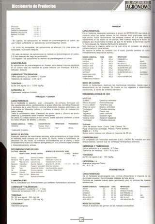 FRUTAl ES:
CAFÉ, CACAO
CHIRIMOYA, MANDARINA
MANZANO, MELOCOTON
NARANJO, PLATANO
VID
3.0-4.0 l.
3.0- 4.0 l.
3.0-4.0 l.
3.0-4.0 l.
3.0-4.0 l.
3.0-4.0 l.
• En Cebolla, las aplicaciones se realizan en post-emergencia al cultivo. No
usar ningún suñactante en aplicaciones post-emergentes totales.
- En Arroz de transplante, las aplicaciones se efectuan 2-4 días antes del
transplante, no hacerlo después.
• En caña de azúcar, las aplicaciones se realizan en pre-emergencia al cultivo,
2-3 días después del riego de germinación.
• En Algodón, las aplicaciones se realizan en pre-emergencia al cultivo.
COMPATIBILIDAD:
En aplicaciones de post-emergencia en frutales, para obtener mejores resultados
en el control total de malezas se puede mezclar con Paraquat, M.S.M.A.,
Glifosato, Dalapón.
CARENCIAS Y TOLERANCIAS:
Ultima aplicación a la cosecha : 15 días
Tolerancia de residuos : 0.05 p.p.m.
TOXICIDAD:
DL/50 oral aguda (i.a.) : 5,000 mg/Kg.
CATEGORIA: 111
Ligeramente peligroso-Cuidado
PARAQUAT + DIURON
CARACTERISTICAS:
Es un herbicida no selectivo post - emergente de contacto, formulado con
dos ingredientes activos, pertenecientes a grupos diferentes: bipiridilos (Paraquat)
y derivados de la urea (Diuron), controla eficazmente malezas gramíneas y de
hoja ancha en diferentes cultivos y mantiene el campo libre de malezas por
mayor tiempo.
Tiene la combinación ideal, (Paraquat) de acción rápida y (Diuron) de acción
sistémica y persistente sobre malezas resurgentes.
No afecta la corteza madura de los cultivos, puede aplicarse alrededor y sobre
los tallos leflosos de árboles y arbustos.
NOMBRECOMERCIAL FORMUL.
GRAMOCIL SC
' FABRICANTE: SYNGENTA
MODO DE ACCIÓN:
CONCENTRACIÓN
Paraquat 200gll. +
Derivados de Urea
IMPORTADOR PROCEDENCIA
roe· BRASIL
Paraquat destruye las membranas celulares. actúa solamente en el lugar donde
el herbicida hace contacto con la planta, El Diuron, inhibe la fotoslntesis, es
absorbido por las rafees, se transloca acropetalmente por el xilema y actúa
inmediatamente sobre las malezas emergentes con sus primeras hojas formadas
y fotosinteticamente activas.
RECOMENDACIONES DE USO:
CULTIVOS MALEZAS MOMENTO DEAPLICACIÓN DOSIS
Nombre común Nombre clentifico U 200 L mflmoch
20 L
Naranjo Cadillo Cenchrus echinatus Aplicar enfrutales
Mandarina Patade gallina Eleusineind1ca establecidos cuando las
Limón Rabo de zorro Leptochloa sp. malezas están en pleno
Manzanos Gramadulce Cynodon dactylon desarro'lo (15 a25 cm). 1.0 -1.5 100 -150
Mango Gramalote Paspalum fasciculatum Mojar bienlamaleza.
Café Yuyo Amaranthus hibridus Usar boQuillas que asperjen
VId Verdolaga Ponutaca oleracea en abanioo (Tee¡et 8004)
Acequias y Chamico Oaflra stramomum
bordos Diente de león Bidens pilosa
Capulí Nycandra physaloides
COMPATIBIL.IDAD:
No es compatible con formulaciones que contienen tensoactivos anionicos.
CARENCIAS Y TOLERANCIAS:
Ultima aplicación a cosecha: 2 - 7 días
Tolerancia de residuos: 0.05 - 0.5 p.p.m.
TOXICIDAD:
DLI 50 oral aguda : 620 mg/ Kg.
DLI 50 dermal aguda : > 400 mg/ Kg
CATEGORIA 11
Altamente peligroso
PARAQUAT
CARACTERISTICAS:
Es un herbicida desecante pertenece al grupo de BIPIRIDILOS que actúa :e-
contacto sobre las partes aéreas de las malezas tanto gramíneas como •
hoja ancha. Actúa rápidamente, las malezas mueren en 2-4 días, pene
rápidamente en los tejidos de las plantas. ésta cualidad asegura la acción :e
producto aún en periodos lluviosos, ya que no es lavado si las lluvias OCt.L""?
Y. hora después de haberse efectuado la aplicación.
Solo destruye la materia verde con la cual entra en contacto, no afecta
corteza madura 6 parte leñosa.
Se inactiva al entrar en contacto con el suelo (permite sembrar un cu':-
inmediatamente después de aplicar).
NOMBRE COMERCIAL FORM. CONC. IMPORTADOR PROCEDE~>::..
SUPER HERBOX c.s. 200!VI FARMAGRO S.A.
OUATE.X® c.s. 200!VI FARME.XSA ISRAEl
CRISOUAT 24 CS c.s. 256 !VI NEOAG S.A.C. ECUADOR
CRISOUAT 24CS C.S. 2sogn. ARISINDUSTRIALS.A. ECUADOR
CRISOUAT 24 SC c.s. 2sogn. SilVESTRE PERUSAC ECUADOR
ULTRAZONE S.L. 213 gil OROI<ASA PERUS.A.
WESTOUAT C.S. 200 !VI SILVESTREPERUS.A.C. GUATEMAL.-
GAAMOXONESUPER C.E 200 gil roe· INGLATERR.-
SUPER HERBOX SL 200 !VI STOCKTON PERU SAC
'FABRICANTE:SYNGENTA
MODO DE ACCION:
Afecta la fotosíntesis, destruye las membranas celulares, dando luga·
desecamiento de las malezas. Se mueve en los vegetales a determinac...
condiciones, a través del sistema xilemático.
RECOMENDACIONES DE USO:
MALEZAS
"Cadillo"
"Moco de pavo"
"Yuyo 6 bledo"
"Rabo de zorro·
·verdolagra'
"Pajilla'
"Higuerilla'
"Hierba mora'
"Grama china'
"Verdolaga'
Cultivos:
Cenchrus echinatus
Echinochloa spp
maranthus spp
Setaria verticillata
Portulaca oleracea
Chloris spp
icinos comunis
Solanum nigra
Sorghum halepense
Portulaca oleracea
Caña de azúcar, Arroz, Cocoa, Café, Cítricos, Té
Papa (desecación de follaje), Plátano, Palma aceitera
Dosis: 2 - 3 1/ha
Aplicar sobre malezas con alturas no mayores de 20 cm.
COMPATIBILIDAD:
Es compatible con herbicidas residuales 2,4-D y MCPA. Es miscible con ot.-:>.
antiparasitarios, siempre que no contengan tensoactivos aniónicos.
CARENCIAS Y TOLERANCIAS:
Ultima aplicación a la cosecha : 2-7 días.
Tolerancia de residuos : 0.05 - 0.5 p.p.m.
TOXICIDAD:
DU SO oral aguda (i.a.) : 150 mg/Kg.
CATEGORIA: 1b
Altamente peligroso-Tóxico
Ph : 4.5 - 6
PENDIMETHALIN
CARACTERISTICAS:
Es un herbicida pre-emergente que controla eficazmente la mayoría de la
gramíneas anuales y las principales malezas de hoja ancha.
Controla las malezas cuando están germinando pero no controla las malezas
establecidas.
NOMBRE COMERCIAL FORMULACION CONC. IMPORTADOR PROCEDENCIA
ARROW E.C. 400 Gil FARMEXS.A.
DK·PROHL C.E. 400 Gil DROKASA PERU S.A.
HERBAOOX C.E. 400 Gil BASF PERUANAS.A.
PROW.400 C.E. 400 Gil. BASF PERUANAS.A. USA
SElLADOR 40 EC EC 400 Gil NEOAG S.A.C. CHINA
SPUR400 EC C.E 400 gil ARIS INDUSTRIAL S.A.
MODO DE ACCION:
Inhibe el desarrollo del germen de las malezas susceptibles.
----t~l----
 