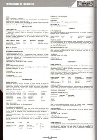 USOS:
DOSIS: LUGARES A FUMIGAR:
155 g. 1 200 m3 Habitaciones donde haya cierre hermético, en habitaciones con
lugares difíciles de cerrar, aumentar dosis.
155 g 1 30 m3 Para el control de vinchucas en viviendas rurales con muchas
aberturas. Repetir aplicación después de 30 días
BRODIFACOUMA
CARACTERISTICAS:
Rodenticida que mata ratas y ratones. Basta cerca de bocado de 1.3 gramos
( 4 pellets) para producir la muerte sin síntomas de envenenamiento por acción
anticoagulante.
Contiene BITREX, la sustancia más amarga del mundo, sólo perceptible por el
hombre y animales domésticos y no por las ratas y ratones, cerea dé evita
ingestiones accidentales.
NOMBRE COMERCIAL FORMUL
KLERATBLOQUES BLOQUES
KLERATPELLETS PELLETS
' FABRICANTE:SYNGENTA
MODO DE ACCION:
CONC.
0.005%
0.005%
IMPORTADOR
roe·
roe·
PROCEDENCIA
INGLATERRA
INGLATERRA · ECUADOR
Produce la muerte sin síntoma de envenenamiento por acción anticoagulante.
RECOMENDACIONES DE USO:
Doméstico, industrial, agrícola.
Colocar cebaderos de 10 g. (+- 1 cucharada) en cajitas o envueltos en papel
periódico o en bloque separados cada 10 metros, para eliminar ratas. En ratones
los cebaderos serán sólo de 5 gramos separados cada 5 metros o los bloques
cortados en 4 partes iguales.
Use pellets para lugares cubiertos.
Use bloques para lugares al aire libre y húmedos.
DOSIS:
Pellets: 3-5 g.fmanzana (hectárea)
Bloques: coloque alrededor y en las madrigueras; en jardines y desagües,
almacenes y depósitos sin techo.
TOXICIDAD:
Dlf50 oral aguda: 630 mg/Kg.
CATEGORIA: 111
Ligeramente peligroso-Cuidado
BROMADIOLONA
CARACTERISTICAS:
Rodenticida eficaz que produce la muerte del roedor después de 4 días de
consumido, impidiendo de ésta manera que las ratas asocien los síntomas
mortales con la comida consumida que contiene el producto. Este material
reduce la coagulación de la sangre porque impide la formación de la protombina,
causando el sangrado interno.
NOMBRE COMERCIAL FORMUL. CONC. IMPORTADOR PROCEDENCIA
OETIA RATICIDATABLETAS TABlETAS 0.005% SILVESTRE PERUSAC ALEMANIA
DETIA RATICIDA PELLETS PELLETS 0.005% SILVESTREPERU SAC. ALEMANIA
RASTOP LIQUIDO 0.5% HORTUSSA CHILE
RASTOP PEI.UETS PELLETS 0.005% HORTUSS.A CHILE
RASTOPBLOQUE BLOQUE 0.005% HORTUS SA CHILE
VORAZ-PELLETS PcLLETS 0.005% FARMAGROS.A NACIONAL
MODO DE ACCION:
Causa la muerte de la rata por sangrado interno.
RECOMENDACIONES DE USO:
Colocar 50 g. del rodenticída en cajitas, latas vacías, tubos de desagüe, cerca
de las madrigueras y en los sitios frecuentados por las ratas o pericotes, en
lugares donde se alimentan, como los campos cultivados, almacenes y
alrededores.
Repetir dosificación cada 7 dlas hasta observar que no haga consumo del
rodenticída.
Se recomienda colocar unos 60 puntos de cebadura en 10,000 m2 evitando
tocar el producto con la mano desnuda, para no deteriorar su capacidad
atrayente.
LUGARES DE DAÑO PLAGA DOSIS
glroedor Kglha 2Liagua
Almacenes de arroz ytngo 'Rata negra' Rattus rattus 7 3
Cultivos de maíz 'Rata gris' Rattus norvegicus 8 3 100m!
"Perico1é" Mus musculus
CARENCIAS Y TOLERANCIAS:
No se considera.
TOXICIDAD:
Dlf50 oral aguda: 1,175 mgfkg.(productos sólidos)
CATEGORIA: 111
Ligeramente peligroso-Cuidado
CARBARYL
CARACTERISTICAS
Es un insecticida del grupo de los carbamatos, actúa por contacto e ingeslior'
ejerce su acción sobre las pulgas.
NOMBRECOMERCIAL FORMUL.
KAPUT-P P.S.
MODO DE ACCIÓN
CONC.
5%
IMPORTADOR
SERFI S.A.
PROCEOENC..
NACIONAL
Actúa como inhíbidor de la colinesterasa, causa acumulación de acetilcolina e-
las uniones colinérgicas de las neuronas y en las uniones mioneurales de a&
músculos y ganglios autónomos. El envenenamiento también altera la funacT
del sistema nervioso central.
RECOMENDACIONES DE USO
Para el control de pulgas, las cuales pueden transmitir enfermedades como
peste bubónica. Las aplicaciones se hacen en espolvoreo a la dosis de 5-
gramosfmetro cuadrado.
TOXICIDAD
Dlf50 oral aguda: 2000 mg/kg.
CATEGORIA: 111
Ligeramente peligroso
CIPERMETRINA
CARACTERISTICAS:
Insecticida piretroide de excelente efecto derribo, de baja toxicidad a sere.
humanos y animales de sangre caliente.
Da excelente control a insectos rectores de enfermedades metaxénicos en sa;...
pública e Higiene Industrial.
Se aplica como un roceador sobre superficies con alto poder residual con ble
control sobre mosca doméstica, muy activo contra adultos y larvas de mosqu
cuando son aplicados a los lugares de reproducción.
Está aprobado y recomendado por la O.M.S.
NOMBRE COMERCIAl
COMPACTHEALTH
CIPER JO
FORMUl.
CIPER 20
CIPERMHRINA HORTUS
MODO DE ACCION:
C.E
E.C.
E.C.
E.C.
CONC.
200gll
100 gil
200gll
200gll
IMPORTADOR
SILVESTRE PERU SAC
SERFI S.A
SERFISA
HORTUSSA
PROCEOENW
INGLATERRI'
NACIONAL
NACIONAL
Actúa sobre el sistema nervioso periférico, produciéndose un desbalance soéc-
potasio a nivel de neuronas. El insecto una vez que ingiere el producto, de--
de comer y después muere. Por contacto los insectos mueren al caerles
directamente el insecticida.
RECOMENDACIONES DE USO:
Hombredel Insecto ispe
Equipo Manual Equipo de Motor
Mosca doméstica
Mosqurlos
Zancudo
Cucarachas
Pulgas
10-15 miJit. 30·45 mini. Agua
Usar 25-30 mi producto comercial por litro de Petróleo Diesel 2 ó Kerose""<
Industrial con equipos de termonebulización o Swing Fog.
COMPATIBILIDAD:
Compatible con productos de uso común excepto con los de reacción alcalina
TOXICIDAD:
Dlf50 oral aguda: 1,049 mg/Kg.
CATEGORIA: 11
Moderadamente peligroso-Dañino
DELTAMETRINA
CARACTERISTICAS:
Insecticida piretroide de alta potencia y larga residualidad, con un amplio espe~
en el control del diversas especies de plagas urbanas. Es de largo poder
residual debido a que tiene muy baja tensión de vapor es fotoestable. La
residualidad está en función a la dosis de uso, formulación y material de ..:
superficie a tratar.
-----1§)1----
 