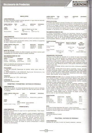 IMIDACLOPRID
CARACTERISTICAS:
Se aplica directamente desde la jeringa (aplicador) al lugar donde se esconden
los insectos (grietas, rendijas, otros)
NOMBRE COMERCIAL
DK - PRID 35'!(, SC
USOS:
FORM.
Ge
CONC.
lmAdadopnd 2S'!t,
IMPORTADOR
OROKASA
PROCEDENCIA
CI'INA
Ambiento Plaga: Dosis por infHUicl6n por m2 o lineal
Baja: Alta:
Para U$0 dori6Sbc:O Cucaracllas 1 gota de ge: (0 1g 2 gotaS de gel (02gl
MALATHION
CARACTERISTICAS:
Insecticida órgano fosforado de amplio espectro de acción que actúa por contacto
e ingestión.
Se emplea para el control de zancudos adultos y otros vectores, en programas
de salud y saneamiento amb1ental.
NOMBRE COMERCIAL FORMULACION CONC.
4 '!(,
57 '!(,
40'!(,
IMPORTADOR PROCEDENCIA
MA1ATHI()N 4'!(, PS FARMAGRO SA NACIONAL
I.IALATHION 57'!(, EC FAAJIN3RO SA NACIONAL
MAFAR 40 PM P.M FARt.EXSA NACIONAL
MODO DE ACCION:
Es un ester del ácido fosfórico de efecto fum1gante que inhibe la enzima acetil
colinesterasa en la sinopsis nerviosa de efecto irreversible.
RECOMENDACIONES DE USO:
POLVO MOJABLE:
ESPECIE ENFERMEDAD
Zancudo Anoplleles spp PALUDISMO
Chinmaeha T~atoma infeslans MAL DECHAGAS
DOSIS
4-5 glm2
4·5 glm2
ispens de aplicación para pulverizaciones residuales:
con equipo de mochila: 8 1./200 m2
POLVO SECO:
l.A.
2glm2
2glm2
1.· USO EN LOCALES: Espolvorear en paredes, techos. pisos, coma. etc.
100 glm2
2.· DIRECTAMENTE A LOS ANIMALES: Espolvorear directamente a los
animales, cubriendo todo el cuerpo del animal.
TOXICIDAD:
DU50 oral aguda (i.a): 1,375 - 2,800 mg/kg.
CATEGORIA: 111
Ligeramente peligroso-Cuidado
PERMETRINA + TETRAMETRINA + BUTOXIDO DE PIPERONILO
CARACTERIST1CAS:
InsectiCida con aerosol. con válvula de descarga total para el control en interiores
de insectos rastreros y voladores. General una niebla de gran poder de volteo
y mortalidad.
NOMBRECOMERCIAL FORMULACION CONC.
FUM.GOL sp EC
USOS:
Pennetrina 10 giL
Tetrametrina O5 gA
Butóxico de piperonilo 2Sgn
PLAGA DOSIS
IMPORTADOR PROCEDENCIA
OROKASA PERU S.A.ARGENTINA
Producto comercial: Arta de aplicación:
Cucaraeha mcsqu to hormogas 440 mi 200 m3
PIRIMIFOS METIL
CARACTERIST1CAS:
lnsechc1da que pertenece al grupo de los organofosforados. Tiene amplio
espectro de control.
Controla los insectos por contacto, ingestión y acción fumigante (gasificación).
Presenta un largo poder residual debido a su persistencia en superficies inertes
(paredes, pisos, techos y costales). Se puede aplicar sobre granos
almacenados, graneros, silos, almacenes, granjas, establos, barcos,
campamentos, parques. áreas de recreo y espectáculo, medios de transporte.
instalaciones domésticas, restaurantes, ambientes en general y aguas
estancadas para el control de plagas de granos almacenados e insectos
vectores de enfermedades.
NOMBRE COMERCIAL FORM.
ACTELLIC 50 EC EC
' FABRICADO POR: SYNGENTA
MODO DE ACCION:
CONCENT.
500gn
IMPORTADOR
rae·
PROCEDENCIA
El pirimifos metil bloquea la actividad enzimática de la acetilcolinesterasa; durante
el funcionamiento normal, esta enzima pone término a la transmisión del impulso
nerviOso en la sinapsis, haciendo que el transmisor aoetilcolina se disocie er
sus componentes ineficaces colina + acetato. El bloqueo de la acetilcolinesteras:
provoca la permanencia del sistema nervioso en un estado de excitac1or
constante. lo cual termina con una parálisis y posterior muerte del insecto.
RECOMENDACIONES DE USO:
A) Granos almacenados: Controla los siguientes insectos de grano
almacenados: Gorgojo del arroz (Sítophilus oryzae), gorgojo del trigo (Sitophill.b
grananus), polilla de los granos (Sitotroga cerealella), polilla del trigo (Piad~
lnterpunctella), polilla de las harinas (Ephestia Kuehniella), gorgojo del palla-
(Acanthoscelides obtectus) y gorgojo del frijol (Zabrotes subfasciatus).
DOSIFICACIONES
USOS EQUIPOS ULTRA BAJO MOCHILA 15 LITROS CON TERMO.
VOLUMEN BOQUILLA DE ABANICO NEBULIZACIÓN
SWIHGFOGfERMO.
25().500a:en1o2
lilros de agua para
15TM
PREPARACIÓN Y APLICACIÓN
~a: para
50m2
50ccl'i!rode
kerosene o pe>.toleo diOIS&
ACTELLIC 50 EC debe ser mezclado en el volumen de agua recomendaó.
para cada caso. Puede ser aplicado con cualquier equipo de aspersión, inclus.·
Ultra Bajo Volumen (ULV). También puede aplicarse con equipos Swing Fot
diluyéndolo en algún solvente orgánico como petróleo o kerosene industrial
Para el control de plagas de granos almacenados, dirigir la aspersión sobre 'e
sacos nivel por nivel mientras se arruman. Sobre granos. extenderlos en tena:
y aplicar sobre ellos.
Aplicar también en paredes, techos y pisos de los silos y almacenes, igualmerr
sobre panhuelas.
8) Salud púbhca: ACTELLIC® 50 EC elim1na cucarachas, moscas, zancudo'l
mosquitos {Anopheles, Aedes y Lutzomyias), gorgojos. polillas. hormigas, pulga:
ch1nches, garrapatas, piques, aralias, termitas, chirimachas, entre otros inseciO!
muchos de ellos vectores de enfermedades metaxénicas (entre ellas, dengue
malana, fiebre amarilla, mal de chagas, etc.)
INSTRUCCIONES DE USO: Diluir la cantidad indicada de ACTELLIC® 50 EC
en el volumen de agua o solvente recomendado, agitando hasta obtener u!'l"'
mezcla homogénea. Puede ser aplicado con cualquier equipo de aspersión indus..
con ULV (neblina fria) y equipos termonebulizadores (neblina calieme
diluyéndolo en agua, petróleo o kerosene industrial.
Dirigir las aplicaciones uniformemente sobre las superficies infestadas o áre...
por proteger: paredes, pisos, techos, rendi¡as. zócalos. tuberías y lugares q
s1rvan de refugio a las plagas. Después de la aplicación, cerrar por 30 mrnu•:=
el lugar fumigado, luego ventilar por 4 a 6 horas antes de reingresar al lugar
Para el control de insectos vectores de enfermedades como: malaria, dengue
fiebre amarilla, etc. aplicar en las viviendas urbanas o rurales, agua
estancadas y demás lugares donde se refugian las plagas. Las dosis m...
altas se usan en caso de fuertes 1nfestac1ones.
DOSIFICACIÓN
EQUIPO
Asper$0r
Mochrla manual
Mochrla motonzada
Termonebu rzadores
ULV • Ultra ba¡o volumen
NOTA:
ACTELLIC 50 EC
35 mL
350-500 mL
400·500 mL
95·125 mL
350-500 mL
SOLVENTE
1 litro de agua
15 111ros de agua
12 !otros de agua
1 1tro de kerosene o d esel 2
1 a 2 ltros de acete agrico'a
o acete vege:al
ÁREA
30m2
300m2
400m2
250m2
300 11"2
El volumen de agua dependerá del eqUJpo y modo de aplicación.
El vehículo que se emplee en la mezcla puede ser agua, kerosene o d1ese1 2
teniendo en cuenta el lugar donde se aplique
CATEGORIA: 111
Ligeramente peligroso-Cuidado
PH : 5.0
PRALETRINA + BUTOXIOO DE PIPERONILO
CARACTERISTICAS:
Insecticida de uso para el control de insectos voladores y rastreros.
-----l§]l----
 