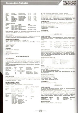 ALFALFA Caballada Spodoptera eridania
FRIJOU Gusano Medidor Pseudoplusia includens
COLIFlOR
COL Pulgon Breviconne brassicae
MAIZ Cogollero $podoptera frugiperda
TOMATE Gusano del Fruto Spodoptera eridanta
TABACO Gusanode la Yema Heliothis virescens
ZAPALLO Perforador de Oiaphamar.~idalis
gulas yfnutos
Tratamiento de semilla :
CULTIVO PLAGAS
MAIZ Gusanos cortadores Feltiaspp
Gusanos picadores Elasmopalpus lignosellus
ALGODON Gusanos de tierra Feltia spp
FRIJOL Gusanos cortadores Feltia spp
Gusanos picadores Elasmopalpus lignosellus
0.5 -1.0 0.1 -0.2
0.5 -1.0 0.1 -02
0.5 -1.0 0.1 -0.2
0.5 -1.0 0.1 -0.2
0 5 -1.0 0.1 -0.2
0.75-1.5 0.15-0.3
1.0 -1.5 o.15-C.3
OOSIS
120 g/25 Kg. De sem1lla
240 glquimal de semilla
240 g/50 Kg. de semilla
B.· Como encapsulador de insecticidas. fungicidas, herbicidas.
Con un solo pesticida o varios pesticidas, en pre mezcla 1 a •
independientemente cada mezcla previa.
OBJETIVO DEL ENCAPSULADOR: Cada pesticida encapsulado con el ace'==
agrícola trabaja eficaz e independientemente sobre la plaga que se quie'l
controlar, alargando el poder residual del pesticida para mejor beneficio.
COMPATIBILIDAD:
Es compatible con la mayoría de los pesticidas comunes, incluidos azufre>
líquidos y pesticidas de reacción alcalina, ya que el aceite lo neutraliza.
CARENCIAS Y TOLERANCIAS:
Ultima aplicación a la cosecha : 8 días
tolerancia: n/d.
CATEGORIA: IV
En el tratamiento de semilla por impregnación preparar el producto en una Ligeramente tóxico
solución de agua suficiente para mojar toda la semilla.
COMPATIBILIDAD:
Es compatible con la mayoría de insecticidas y fungicidas comúnmente
empleados con excepción de aquellos que tengan reacción alcalina.
CARENCIAS YTOLERANCIAS:
Los días entre la última aplicación y la cosecha son:
Alfalfa =28 días, Colifor =17 días, Frijol =14 días, Maiz, Papa y Tomate
= 7 días.
Tolerancia de residuos :
Pimiento : 4 p.p.m.
Coliflor 2 p.p.m.
TOXICIDAD:
DU50 oral aguda : 945 mg/Kg.
CATEGORIA: 111
Ligeramente peligroso-Cuidado
PH : 6-7
ACEITE AGRICOLA VEGETAL
CARACTERISTICAS:
Es un aceite vegetal de las pepitas del algodón y soya mas un emulsionante,
lo cual lo convierte en un aceite refinado, se presenta como una emulsión
estable en el agua de pulverización. Se le emplea en el control de querezas en
frutales.
Por su composición equilibrada se utiliza como un "encapsulador'' de insecticidas,
fungicidas y herbicidas.
NOMBRE COMER.
GOLDENNATUR'LOIL
KOIL V-20
SUPERCROP OIL
TAXIOIL
WEIT 'OIL
NACIONAL
FORMUL.
A.E.
EC
E.C
CE
A.E.
MODO DE ACCION:
CONCENT.
930 9n
850 gn
Aceite de maiz930 mlll.t.
Emulsificantes 70 mlllt
930 gA
930 gA
IMPORTADOR
STOLLER PERUS.A.
fAUSTO PIAGGIO
CONAGRA S.A.C.
OROKASA PERUSA
COMERCIAL ANDINA
PROCEDENCIA
USA.
USA
NACIONAL
INDSUTRIAL
El aceite se adhiere a la superficie de hojas, ramas y tronco del árbol, formando
una fina película sobre el insecto y causa la muerte generalmente por asfixia
de "querezas", "pulgones" y "ácaros".
RECOMENDACIONES DE USO:
Se recomienda 2 formas de uso:
A.- Para el control e plagas en árboles frutales y ornamentales.
CULTIVO
MANZANO
PERAL
PLAGAS
·auereza redonda• Selenaspidus spp
·ouereza San José•
•p;o¡o arenoso•
•pulgones•
Pseudococus citri
A¡lhis gossypii
MELOCOTONERO •Pio¡o blanco• Unaspis citri
VID •Acaros y pulgones•
CITRtCOS ·auereza redonda· Setenaspidus spp
yMANGO •Piojo blanco• Unaspis cüri
•Mosca blanca·
•Acaros' y·Pulgones'
"Quereza coma• Leptdosaphis spp
OLIVO ·auereza negra" Saissetlll oleae
·auereza redonda' Seleoaspidus spp
·auereza blanca" Aspediotus hederae
"Piojo blanco· Unaspiscitri
OOSIS
200 l. agua
2-31.
2-3 l.
Floral
EPOCA DE APLICACION
Ala
ruptura
dela
dormancia
{quema)
Aplicación
post
ACEITE DE NEEM
CARACTERÍSTICAS:
Bioinsecticida, fungicida y acaricída que actúa por contacto, siendo necesa"C
dar una cobertura completa a la planta tanto en el has como en el envés e&
la hoja.
NOMBRE COMER. FORMUL. CONCENT. IMPORTADOR PROCEDENW
FITONIM C.E. Aceite de Neem 99.9%
Azadirachtin 0.10% ITAGROS.A. INDIA
NIMBIOL C.E. Aceite de Neem 99.9%
Azadirachun 0.10% FAUSTO PIAGGIO GRANBRET;.-
TRILOGY 70 C.E. Aceitede Neem700 g.1,
Inertes 300 mf/U CONAGRA S.A.C USA
MODO DE ACCION :
Como insecticida y acaricida asfixia al insecto al entrar en contacto con ,¡
plaga incluyendo huevos; como fungicida forma una capa protectora en ~
superficie de la planta, previniendo la adhesión y germinación de esporas ¡;¿
hongos, en caso que exista presencia del hongo, el aceite de neem act.¿
como un antimicrobial.
RECOMENDACIONES DE USO:
CULTIVO
Mandarina
Melocotón
Naranja
Brócofi
Fresa
DOSIS:
PLAGA
Perro detos citricos
Queresá
Mosca blanca
Pulgón
Pudrk:i6n de la nor
1 - 2 litros 1 200 L. de agua
Papiho paeon
Pseudoaulacaspis pentagona
Aleurotrixus floccosus
Brevicorine brassicae
Botrytiscinerea
Para el caso de melocotón, se recomienda adicionar un aceite vegetal 0.5 L
200 L. de agua
En época de floración usar la dosis baja
Se recomienda aplicar en las primeras horas de la mañana o en las últimas
horas de la tarde.
CARENCIAS Y TOLERANCIAS:
Ultima aplicación a la cosecha:
Mandarina melocotón: 7 días
Naranja, Brócoli, fresa : 7 - 15 dlas
Límites máximos de residuos: 500 ppm
CATEGORÍA : 111
Moderadamente peligroso- Cuidado
ACEITE MINERAL
CARACTERISTICAS:
Es un derivado del petróleo altamente refinado con elevadas propiedades
insecticidas. Para usarlo debe mezclar con agua.
Está indicado especialmente para controlar las "querezas" de los frutales tan;:
en cítricos como en olivos, paltos, mangos, etc., la arañita roja y los pulgones
de tos cítricos usándosele también como esparcidor y fijador en mezcla ro-
otros insecticidas. Puede mezclarse con cualquier insecticida o fungicida s.'-
que varíen sus propiedades, excepción hecha de los que contienen azufre.
NOMBRE COMERCIAL FORMULAC.
KOILMINERAL E.C.
SUNSPRAYULTRAFtNE E.C.
MODO DE ACCION:
CONC.
950 g.1
815 9n
Actúa por contacto. Mezclar el aceite con agua.
IMPORTADOR PROCEDENCIA
FAUSTOPIAGGIO
HORTUSS.A. CHILE
-----1§)t----
 