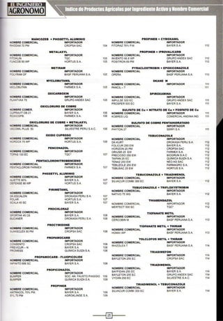 MANCOZEB + PHOSETYl. ALUMINIO PROPINES + CYMOXANIL
IIOMBRE COMERCIAL IMPORTADOR NOMBRE COMERCIAL IMPORTADOR
~-::lOAX 72 PM CROPSASAC 104 FITORAZ 76% P.M. BAYER S.A. 110
METALAXYL PROPINES + IPROVALICARB
'"':>MBRE COMERCIAL IMPORTADOR NOMBRE COMERCIAL IMPORTADOR
=-~I(LIN TQC 105 INVENTO 66.8 WP GRUPO ANDEX SAC 110
=:..,coa 50WP HORTUS S.A. 105 POSITRON 69 PM BAYERS.A. 110
METIRAM PYRACLOSTROBIN + EPOXICONAZOLE
OMBRE COMERCIAL IMPORTADOR NOMBRE COMERCIAL IMPORTADOR
~ -~DF BASF PERUANA S.A. 105 OPERA BASF PERUANA S.A. 110
MYCLOBUTANIL SKANE M
~B RE COMERCIAL IMPORTADOR NOMBRE COMERCIAL IMPORTADOR 111
:...OBUTAN FARMEX S.A. 105 PANCIL - T 111
OXICARBOXIN SPIROXAMINA
..O~BRE COMERCIAL IMPORTADOR NOMBRE COMERCIAL IMPORTADOR
;._! NT'AX 75 GRUPO ANOEX SAC 105 IMPULSE 500 EC GRUPO ANDEX SAC 111
PROSPER 500 EC BAYER S.A. 111
OXICLORURO DE COBRE
íoOMBRE COMER. IMPORTADOR SULFATO DE Cu + NITRATO DE Cu + FOSFATO DE Cu
:;_-.:~VIT OB 21 BAYER S.A. 106 NOMBRE COMERCIAL IMPORTADOR 111
;-.:1JCOP® FARMEX S.A. 106 KOBRES LIQ COMERCIALANDINA IND. 111
OXICLORURO DE COBRE + METALAXYL SULFATO DE COBRE PENTAHIDRATADO
~RE COMERCIAL IMPORTADOR NOMBRE COMERCIAL IMPORTADOR
- .:0'.11L PLUS 50 SILVESTRE PERU S.A.C. 106 PHYTON27 SERFI S.A. 111
OXIDO CUPROSO TEBUCONAZOLE
'láAIBRE COMERCIAL IMPORTADOR NOMBRE COMERCIAL IMPORTADOR
C"'X>X75WP HORTUSS.A. 106 DK-KURT DROKASA PERU S.A. 112
FOUCUR 250 EW BAYERS.A. 112
PENCONAZOL HORIZON 25 PM CROPSASAC 112
.-. BRE COMERCIAL IMPORTADOR ORIUS®25 EW FARMEXS.A 112
-: =~ 100 EC rae· 107 PRECIOSO 250 EW BIOGRUN S.A.C 112
TAIPAN 25 EC QUÍMICA SUIZA S.A. 112
PENTACLORONITROBENCENO TENAZ250 EW NEOAG SAC 112
~*BRE COMERCIAL IMPORTADOR TEBUZOLE 250 EW FARMAGRO S.A. 112
~~ACLORO®FARMEX FARMEXS.A. 107 TEBUSAC 25 EW HORTUS S.A. 112
PHOSETYL ALUMINIO TEBUCONAZOLE + TRIADIMENOL
'!!C~BRE COMERCIAL IMPORTADOR NOMBRE COMERCIAL IMPORTADOR
-~=rE80% BAYER S.A. 107 SILVACUR COMBI 300 EC BAYERSA 112
:.:..=ce:NSE 80 WP HORTUS S.A. 107
TEBUCONAZOLE + TRIFLOXYSTROBIN
PIRIMETANIL NOMBRE COMERCIAL IMPORTADOR
'OVMBRE COMERCIAL IMPORTADOR NATIV075WG BAYERS.A. 112
=·..:SCALON DROKASA PERU S.A. 107
=-:::...AR HORTUS S.A. 107 THIABENDAZOL
s:A..A 40SC BAYER S.A. 107 NOMBRE COMERCIAL IMPORTADOR 112
PROCHLORAZ
MERTECT 500 SC rae· 112
~BRE COMERCIAL IMPORTADOR TIOFANATE METIL
~=-:J~TAK 45 CE BAYER S.A. 108 NOMBRE COMERCIAL IMPORTADOR
:;.:C4NER DROKASA PERU S.A. 108 CERCOBIN M BASF PERUANA S.A. 113
PROCYMIDONE TIOFANATE METIL + THIRAM
..OVBRE COMERCIAL IMPORTADOR
NOMBRE COMERCIAL IMPORTADOR
S- ' SCLEX 50 PM CROPSASAC 108
HOMAI WP BASF PERUANA S.A. 113
PROPAMOCARB TOLCLOFOS METIL + THIRAM
..ot.IBRE COMERCIAL IMPORTADOR
NOMBRE COMERCIAL IMPORTADOR
.::;;,,SENTO CROPSASAC 108
RHIZOLEX-T BASF PERUANA S.A. 114
=..:v~cuR - N BAYERS.A. 108
= :)MESS QUIMICA SUIZA S.A. 108
TRIADIMEFON
NOMBRE COMERCIAL IMPORTADOR 114
PROPAMOCARB • FLUOPICOLIDE
BAYLETON 250 EC CROPSASAC 114
" OMBRE COMERCIAL IMPORTADOR
· =NITO 688 SC BAYER S.A. 109
TRIADIMENOL
NOMBRE COMERCIAL IMPORTADOR
PROPICONAZOL
BAYFIDAN 250 DC BAYERS.A. 114
"OMBRE COMERCIAL IMPORTADOR
BAYLETON 250 EC GRUPO ANDEX SAC 114
:-MPER SOC. AN. FAUSTO PIAGGIO 109
VYDAN 250 EC SILVESTRE S.A.C. 114
~1PER QUIMICA SUIZA S.A. 109
PROPINES
TRIADIMENOL + TEBUCONAZOLE
NOMBRE COMERCIAL IMPORTADOR
"iOMBRE COMERCIAL IMPORTADOR
SILVACUR COMBI 300 EC BAYER S.A. 114
-'lTRACOL 70% PM. BAYERS.A. 109
3Yl 70 PM AGROKLINGE S.A. 109
----1@]1----
 