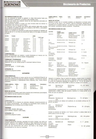 RECOMENDACIONES DE USO:
Una vez preparada la mezcla, la agitación no debe interrumpirse hasta que
naya terminado la aplicación y el tanque haya quedado vacio.
Esto hay que tenerlo muy presente cuando se usa maquinaria accionada por
roma de fuerza del tractor.
=s indispensable reagitar el líquido por unos minutos antes de reiniciar la
llUiverización cada vez que pare el tractor.
...a maquinaria que se emplea para aplicar este producto debe estar provista
de un agitador de paletas que gire por lo menos a 120 R.P.M. y una presión
"'linima en la boquilla de 400 libras.
:Jebido a la variedad de volúmenes de agua que se consume por hectárea las
dosis se dan en % o en litros de producto por cada un mil de agua. de acuerdo
al cuadro.
:ULTIVO
::.TRIGOS ·
-.ARANJO
PLAGAS
"Quereza redonda" Selenaspidus sp.
·ouereza blanda" Coccus sp.
DOSIS
% 1/1,000 1agua
1.5·1.75 15-17.5
1.5·1.75 15·17.5
"Quereza coma· Lepidosaphes sp. 1.5·1.75 15-17.5
"Piojo blanco' Unaspis citti 1.5·1.75 15-17.5
"AraMaroja' Tetranychus sp. 1.5·1.75 15-17.5
'Pulgón negro' Toxoptera sp 1.5-1.75 15-17.5
"Querezas· Lecanium sp. 1.5-1.75 15-17.5iloNGO
>"LTO
:uvo
II.'.NZANO
·auerezas· Protopulvinana sp. 1.5·1.75 15-17.5
"Ouerezas" Saissetia sp. 1.5-1.75 15-17.5
"Querezas" Ouadraspid~tus sp. 1.5-1.75 15·17.5
COMPATIBILIDAD:
3uena compatibilidad con plantas y puede emplearse en mezcla con los
=<incipales plaguicidas, abonos foliares. fitoreguladores.
CARENCIAS Y TOLERANCIAS:
.J lima aplicación a la cosecha : 8 días
-olerancia: No se dan valores porque no acumulan residuos tóxicos.
-oXICIDAD:
Jl../50 oral aguda : > 10,000 mg/Kg.
:::.ATEGORIA: 111
....ogeramente peligroso-Cuidado
ACETAMIPRID
CARACTERISTICAS:
"Secticida que pertenece al grupo químico de los CLORONICOTINILOS de
7<10 acción sistémica que actúa pór contacto e ingestión. Controla bien insectos
:<eadores-chupadores y masticadores como pulgones, trips, mosca blanca,
~biatado.
lllliiBRE COMERCIAL FORMUL.
- PRID20SP FS
:;J.DIADOR 20 SL SL
'!:SeATE SP FS
liODO DE ACCION:
CONC.
200 gn
200 gn
200 gn
IMPORTADOR PROCEDENCIA
SILVESTREPERU SAC
NEOAG S.AC. CHINA
BASFPERUANA SA JAPON
- dúa afectando el receptor acetil colina nicotínico de la membrana post-sináptica
;n el sistema nervioso central de los insectos.
'<ECOMENDACIONES DE USO:
;QMPATIBILIDAD:
=s compatible con la mayoría de productos utilizados convencionalmente en
es cultivos recomendados. Sin embargo se recomienda hacer pruebas de
:XJmpatíbilidad con el producto que se desea mezclar.
-oXICIDAD:
Jl../50 ORAL AGUDA: 808 mg/kg
::ll/50 DERMAL AGUDA:> 2000 mg/kg
CATEGORIA: 111
....ogeramente peligroso-Cuidado
ALDICARB
CARACTERISTICAS:
-secticida-Nematicida Acaricida, granulado de acción multiple, que actúa por
:ootacto, sistémico y por ingestión, favorece un mejor desarrollo de las raíces.
"Uede ser aplicado a la siembra y/o post-emergencia. El período de eficacia
aria con las condiciones del cultivo, las dosis y las plagas, pero
'-ecuentemente es de más de 6 semanas.
NOMBRE COMERCIAL FORMUL.
TEMIK 15 'G" G.
CONC.
15%
IMPORTADOR
BAYERSA
PROCEDENCIA
USA
MODO DE ACCION:
Aplicado al suelo, por la humedad existente, se desprende el principio activo
en la zona de las raíces y, por contacto, mata los nemátodes, rápidamente es
absorbido por el sistema radicular y se distribuye hacia todas las partes aéreas
de la planta, controlando insectos picadores - chupadores.
RECOMENDACIONES DE USO:
CULTIVOS
Algodonero
PLAGAS
NOMBRE COMUN
Pulgón
Araftita roja
Perforador
Piojo harinoso
NOMBRE TECNICO
Aphis gossypii
Paratetranychus peruv~anaus
Buoculatrix thurbarielta
Phenacoccus gossypii
Nematodos del lallo y bulbo Di1ylenchus d·psaci
Tabaco Nematodo del nudo Meloidogyne spp
(al transplante)
Vid Nematodo de las lesiones Pratylenchus spp
(Antes del brotamiaento
de primavera)
Oli•.-o Nematodo del nedo Meloidogyne spp
Café
(Al transplante)
(En planta<>ones
establecidas)
Ornamentales
(Ala siembra o
después del corte)
Naranjo
limóo
(Antes de la
flofacoóo)
Papa
(A la s~embra)
Nematodo del nudo
Mosca blanca
Arañila roja
Pulgón negro
Arañila roja
Queresa redonda
Nemátodp de los cítricos
Gorgojo de los Andes
Nematodo del nudo
Nematodo del quiste
Mosca m1nadora
Pulgón
Aranita roja
Oruga barrenadora del tallo
Meloidogyne exigua
Bemisl3 spp
Tetranychus telarius
Toxoptera aurantio
Panonychus c;tri
Selenaspidus articulatus
T~enchus semipenetrans
Premnotrypes spp
Melokfogyne spp
Globodera spp
liriomyza huidobrensis
Myzus persicae
Tetranychus deseplorum
Pthorimaea opercu'ella
DOSIS
Kg/ha
3 - 5
4 . 6.5
4- 6.5
6.5 . 7
15-20
20
20 - 25
5 - 7 g/mata
10-20g/mata
22 . 24
100 - 150glarbol
10. 15
Aplicado a la siembra. Para el control de insectos y ácaros poner el proc<JaO
en "linea corrida" en el fondo del surco o "Mateado" cerca de la semina Para
el control de nemátodos aplicarlos en bandas de 1O - 15 cm. de ancho +
dosis altas, cuidar que el ALDICARB no entre en contacto con la semolla
AJO Nemátodo del
tallo y bulbo
Ditylenchus
dipsaci
15 - 20 Kglha
Incorporándolo superficialmente en la preparación del terreno después del
desterronado y mullido, antes del surcado y siembra ó a "Linea corrida" en el
fondo de surco de siembra.
TABACO
(Al
transplante) Nemátodo del
nudo
Meloidogyne sp 15 · 20 Kg/ha
Colocar el producto por debajo de la plántula, en una banda continua de 15 -
20 cm. de ancho.
VID Nemátodo de
(Antes del las lesiones Platylenchus sp 20 - 25 Kg/ha
brotamiento
de primavera)
Colocar el producto en bandas o en "chorro continuo" a ambos lados de la
planta sobre el surco de riego.
OLIVO Nemátodo del Meloidogyne spp
nudo
Aplicado en banda en la zona radicular.
CAFE Nemátodo del
(Al trans-
plante)(1) nudo
(En plantaciones
establecidas)(2}
Meloidogyne
exigua
230 - 300 g/árbol
5-7 g/mata
10 - 20 g/mata
----1~1----
 