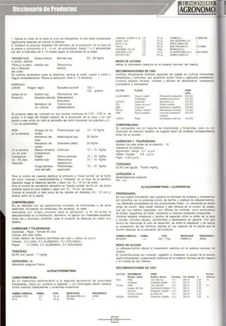 1. Aplicar la m tad de la dosis al hoyo de transplante. la otra parte incorporarla
ligeramente después de colocar la plántula.
2. DistribUir el producto alrededor del perimetro de la proyeooón de la copa de
la planta e incorporarlo a 5 • 8 cm. de profundidad. Hacer 1 ó 2 aplicaciones
por año a intervalos de 4 • 6 meses según la intensidad de la plaga.
ORNAMENTAlES Mosca blanca
A NIVEL INDUS·
TRIAL(a la siem· Ara1'11ta ro¡a
bra o después
del corte)
Bem1sia spp
Tetranychus
telarius
22. 24 Kglha
En cultivos acolchados qUite la cobertura, aplique al suelo. vuelva a cubrir y
riegue inmediatamente. Repita la aplicación cada 6 · 8 semanas.
NARANJO,
LIMON Pulgón negro
(antes de la
floración)
Aral'lita roja
Quereza redonda
Nemátodo de
los cítricos
Toxoptera aurantii
Panonychus citri
Selenaspidus
artlculatus
Tylenchulus
semipenetrans
100 -
150 g/árbol
El producto debe ser colocado en dos bandas continuas de 0.30 • 0.60 m. de
ancho, a lo largo del margen exterior de la proyección de la copa, o en una
banda a ese ancho en todo el perimetro del árbol incorporar los gránulos a 5 •
7 cm de profundidad.
PAPA
(A la stembra)
(A la siembra
ylo en post
emergenoa
30. 45 dfas
después)
Gorgojo de los
Andes
Nemátodo del
nudo
Nemátodo del
quiste
Mosca minadora
huidobrensis
Pulgón
Aral'lita roja
Oruga barrena-
dora del tallo
Premnotrypes spp 10 • 15 Kglha
Meloidogyne spp 20 Kglha
Globodera pálida 20 Kglha
Unomyza 10- 15 Kglha
Myzus persicae 10- 15 Kglha
Tetranychus 10 - 15 Kglha
deseptorum
Phthorimaea 10 - 15 Kg/ha
operculella
Para el control de insectos distribuir el producto a "línea corrida" en el fondo
del surco (manual o mecanicamente) a "mateado" en el hoyo de la siembra,
depositar luego el tubérculo semilla y tapar con 10 · 15 cm de suelo.
Para el control de nemátodos aplicarlos en "banda corrida" de 20 cm. de ancho
sembrar sobre la zona tratada y tapar con 10 • 15 cm. de suelo.
Colocar el producto lo más cerca de las raicillas sin dañarlas (1O • 15 cm.) y
ambos lados de la planta.
COMPATIBILIDAD:
No es afectada por las aplicaciones normales de fertilizantes o de otros
pesticidas, incluyendo los herbicidas. Sin embargo, no debe
mezclarse con ningún producto para la aplicación, a fin de evitar la
desumformidad en la distribución. Asimismo, no aplicar con materiales alcalinos,
como sal y amoníaco anhídrido, pues el producto se destruye en medio muy
alcalino.
CARENCIAS Y TOLERANCIAS:
Carencias : Papa • Tomate 90 dias
Cítricos 200 dias (USA)
limite máx1mo de residuos permitidos por país y cultJvo en p.p.m.
Cítricos : 0.3 (USA). 0 3 (ALEMANIA), 0.2 (HOLANDA)
Papas · 1.0 (USA) O 5 (ALEMANIA), 0.5 (HOLANDA)
TOXICIDAD:
DU50 oral aguda : 7 mg/Kg.
CATEGORIA : 1b
Altamente peligroso-Tóx1co
CARACTERISTICAS:
ALPHACYPERMETRINA
Es un insecticida perteneciente a la segunda generación de piretroides
foloestables. Actúa por contacto e Ingestión y con prolongado efecto residual
contra insectos masticadores y picadores-chupadores.
NOMBRE COMERCIAL
All'HAMAX 10 EC
BLITZ
FORMUL.
CE.
Sl
CONC.
100 gJI
100 gA
IMPORTADOR
OROKASA PERU SA
CROPSA
PROCEDENCIA
CHINA
CIPERMEX SUPE~ 10 CE CE 100 g/1 FAR!.t:XSA G. BRI:IAÑA
DIVINO 10 EC CE 100 g/1 ARIS 1NDUSTRW. SA
EJOTO tOC: CE 100 g/1 GR1'0ANOEXSIC
FASTN:. CE 100 g/1 BASF PERUANASA COlOMBIA
PO 'ffEREX 10'11. EC CE 100g BIOGRUNSAC
PRECISION 10 EC CE 100 ~~ SLV"!:STRE PERJSAC INGlATERRA
RAPTOR 10EC EC 100 ~~ OUIMICA SUIZA SA
MODO DE ACCION:
Afecta la transmisión eléctrica en el sistema nervioso del insecto.
RECOMENDACIONES DE USO:
Controla eficazmente diversas especies de plagas en cultivos industriales
alimenticios y horticolas, con excelente acción inicial y adecuada persistencia
Controla estados larvales, ninfales y adultos de lepidópteros, coleópteros
homópteros y hemipteros.
CUlTIVO PlAGAS DOSIS
mi/ha
ALGODONERO "Gusano rosado" Pec!lnophora gossypiella 250-300
"Arreblatado' Oysdercus peruvianus 200-300
ALFALFA "Caballada' Spodoplera sp. 200-250
COL 'Gusano de la col" Plutella xylostella 200-250
MAIZ "Cogollero· Spodop!era frugiperda 200-250
FRIJOL "Gusano mt<1tdor" Pseudoplus•a includens 150-200
P#'A "Mosca mnad()(a' liríomyza huidobrens s 500-750
(adultos)
TOMATE 'Polilla" Setobipalpu a absoluta 300-500
COMPATIBILIDAD:
Es compaltble con la mayoría de insecticidas y fungicidas, pero no co-
productos de reacción alcalina se sugiere hacer las pruebas correspondientes
antes de su empleo.
CARENCIAS Y TOLERANCIAS:
Número de días antes de la cosecha . 15
Toleranc1a de residuos.
Algodonero. Sorgo O 1 p.p.m
Alfalfa. Tomate : 0.5 p.p.m.
Papa · 0.05 p.p.m
TOXICIDAD:
OU50 oral aguda: 79-400 mg/Kg.
CATEGORIA: 11
Moderadamente peligroso
PH : 5.0
ALFACIPERMETRINA + CLORPIRIFOS
PROPIEDADES:
Es una nueva formulación que combina la actividad de contacto y translaminar
del clorpirifos con la poderosa acción de derribe y residual de alfacipermetrina
Las diferentes propiedades de sus componentes hacen un insecticida de amph:
rango de acción, largo poder residual y alta eficacia en el control de plagas
que por sus hábitos especiales, son difíciles de controlar, como perforadores
de brotes, pegadores de hojas, minadores e insectos picadores chupadores.
Controla estados inmaduros y adultos de especies como la polilla de la pap;;
y tomate. chinches escudo, cecidómidos y lepidópteros en general. Con es:.o
acción se tnterrumpe el c1clo de desarrollo, se limita la dispersión y se redUOE
la ovoposición de las hembras adultas en los órganos de la planta que se
forman después de la aplicación del producto.
NOMBRE COMERCIAl FORMUL
BRONCOi LS
MODO DE ACCION:
CONC.
25g/1 • 375g/1
IMPORTADOR
FARt.tEXSA
PROCEDENCI.t.
ISRAEl
La alfac,permetrina afecta la transmisión eléctrica en el sistema nervioso de
msecto.
El Clorpirifos,actúa por contacto, ingestión e inhalación la acción de la enznna
acebl-cohnesterasa, ocasionando diSturbios en el sistema nervioso de los insectO$
y la muerte de los mismos.
RECOMENDACIONES DE USO:
CULTIVO ENFERMEDAD DOSIS Periodo
Nombre común Nombre técnico hectárea Por cilindro % earencta
Papa Polil1a Tu!a absoluta 1.5 L 500 mi 0.25 14
Prodplou Prod1plosis longt~la 1.5 L 500 mi 0.25
Tomale PoMa Tuta absoluta 1.5 L 500 mi 0.25 14
Gusano del fruto Spodoptera eridania 1.5 L 500 mi 0.25
Caracha Prodrplosrs longmta 1.5 L 500 mi 0.25
Ch,nehe escudo EuchiStus sp 1.5 L 500ml 0.25
Mangold Cectdom,de Prodrplosrs /ongifila 1.5 L 500ml 0.25 14
-----l§}l----
 