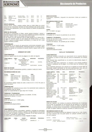 "'101 Pegador de hojas Omiodes ind•cata 1.SL 500 m! 0.25 14
-"<e¡a Mosquina Prodiplosis longihla 1.5 L 500 mi 0.25 14
~palio Perforador de guias
y frutos D1aphania mt1dalls 1.5L 500 mi 0.25 14
--:oz Chinche escudo Tibraca sp 1.5 L 500 mi 0.25 21
Nezara sp 1.5L 500 mi 0.25
EFECTO RESIDUAL
:::Ontrola larvas. ninfas y estados adultos, tiene un mejor efecto de control
=ue el de sus componentes aplicados en forma individual, esto permite alargar
:. periodo entre aplicaciones y por lo tanto disminuir el número de aplicaciones
:x>r campaña.
lo&ODO DE APLICACIÓN
Se emplea en pulverización al follaje, usando equipos terrestres o aéreos y
:eoiendo especial cuidado en lograr una buena cobertura de acuerdo al desarrollo
:el cultivo, debido a que no se moviliza dentro de la planta.
=:n los cultivos con gran desarrollo foliar se debe emplear por lo menos 600 L
~ agua por hectárea cuando se usan equipos de mochila manual, no menos
.:e 400 L cuando se emplea equipos motorizados y no menos de 300 L para
:quipos montados al tractor.
COMPATIBILIDAD
=:s compatible con la mayoría de agroquímicos comúnmente empleados como
-..Jlgicidas, acaricidas, bioestimulantes y fertilizantes foliares, sin embargo, deben
?VÍ!arse las mezclas con productos de reacción alcalina y aguas duras con pH
-.ayores a 7.5.
ARSENIATO DE PLOMO
CARACTERISTICAS:
-.ctúa por ingestión para el control de plagas en el cultivo de Algodón.
<IOMBRECOMERCIAL FORMUL. CONO. IMPORTADOR PROCEDENCIA
..:NOKil L P.M. PENTOXIDO ARSENICO 33%
OXIDO DE PlOMO 64%
ADITIVOS 3% SERFI SA NACIONAL
"'.!MlOTOXP PM. PENTOXIDO
ARSENIATO DE PLOMO 97%
ADITIVOS 3% FAUSTO PIAGGIO NACIONAL
ODO DE ACCION:
.:.ctúa por ingestión produciéndose paralisis y posterior muerte del insecto.
~COMENDACIONES DE USO:
:Ul.TIVO PLAGAS DOSIS
~!lODON Gusano menor de la hoja Anomis texana 4-6 Kg/ha
Gusano mayor de la hoja Alabama argillacea 4-6 Kg/ha
Gusano perforador Bucculatrix thurberiella 4-6 Kglha
Gusano de la bellota Heliothis vírescens 4-6 Kglha
Picudo Anthonomus vestitus 4-6 Kglha
Se recomienda agregar melaza de caña a dosis de 2% ó 8-12 Vha para el
::ontrol de picudo.
COMPATIBILIDAD:
=:s compatible con productos de uso común. Se recomienda hacer pruebas de
:ompatibilidad antes de mezclar.
=>osee una suspensibilidad en agua mayor de 5 minutos.
CARENCIAS Y TOLERANCIAS:
'lúmero de días de la última aplicación a la cosecha : 60 días.
-olerancia de residuos: 0.5 p.p.m.
-oXICIDAD:
Jl/50 oral aguda (i.a.) = 50-80 mg/Kg.
CATEGORIA: 11
loderadamente peligroso-Dañino
AZADIRACHTINA
CARACTERISTICAS:
=:s un insecticida botánico, anti-gustativo, repelente y regulador de crecimiento
.:e insectos que actúa por contacto e ingestión. No deja residuos en las plantas
- en el suelo. No afecta a parasitos ni predatores. Es de baja toxicidad para
!!! humano y animales de sangre caliente.
Se adecúa bien a un programa de manejo integrado de plagas.
'IOMBRE COMER.
ffMIX4.5
FORMUL.
C.E
CONCENT. IMPORTADOR PROCEDENCIA
Azadirachtina 4.5%.
Inertes 9.55% CONAGRA SA C
MODO DE ACCION:
Antigustativo, repelente y regulador de crecimiento. Actúa por contacto e
ingestión.
RECOMENDACIONES DE USO:
CULTIVO PLAGAS
Citocos
Papa
Menestras
DOSIS:
Minador de hoja
Queresa blanca
Mosca minadora
Pegador de hoja
0.5 - 1.0 lt/200 lt. de agua
COMPATIBILIDAD:
Phytiocmsbs citrella
Pseudoaulocaspsis peotagooa
LiMmyza huidobrensis
Ly,oedes integra
Compatible con la mayoría de pesticidas de uso común.
CARENCIA Y TOLERANCIA:
Numero de días entre la ultima aplicación y la cosecha:
No aplicable por ser no tóxico.
Tolerancia de residuos : No aplicable por ser no tóxico.
TOXICIDAD:
OU50 oral aguda: > 10,290 mg/Kg.
CATEGORIA: 111
Ligeramente peligroso-Cuidado.
BACILLUS THURINGIENSIS
CARACTERISTICAS:
Insecticida biológico producido por esporulación de la bacteria Bacillus
thuringiensis, su acción es letal para las larvas de lepidopteros, en muchos
cultivos.
Cada variedad tiene especificidad en el control de determinadas plagas (V.
Kurstaki, V. Aizawai).
No es tóxico para otros organismos, no perjudica a los insectos benéficos
parásitos y predatores de las plagas, no es tóxico para los mamíferos, aves
y peces.
Es un insecticida estomacal, poco después de la ingestión las larvas dejan de
alimentarse, pueden permanecer en sus sitios aparentemente vivas, pero Slfl
causar daños. La muerte del insecto ocurre entre las 48 y 72 horas.
NOMBRECOMERCIAL FORMUL. CONC. IMPORTADOR PROCEDENCIA
AGREE SO WP
(vaneda(l kurtalú +Aizawai PM. Baóllus thunngiensis CONAGRA SAC. USA
BACISTOK(v. lwrntaki) PM. 6.4% ITAGROSA
BIOBIT HPWP (V.Kurn!alo) P.M. 6,4% TQC USA
BIOCILLUS (V. Kurntalu) PM. 6.4% DROKASA PERU S.A. CHINA
BIOSPORE 6.4%PM P.M. 6.4% FARMAGROSA
BIOR 10 P.M 32 millones de U.IJg AGRO Vll LACURI
BROOER P.~t 4.6% GRUPOANDEX SAC
Bt 2X (V. Kurstaki) P.M. 64% SERFI SA USA
aJSTOM 85 (Bacillus subtilis;
Bacillus taterosporus:
Bacilus licheniformis;
Bacillus mega~enum:
BaciUus ptJnilus) SL 8X10 11 UFC ll DROKASA PERU S.A.
OIPEl 54 WG P.M. 6.4% BAYERSA USA
GORRION 2X (V. Kurntal<i) P.M. 6.4% SERFI SA NACIONAL
JAVEUN®WG(var. KutStaki) P.M. 6.4% FARMc'l<SA NACIONAL
LEPIBAC 10PM (V. Kursta'<i) P.M 10.3% SILVESTREPERU SAC ESP~
PRIMASPOREV. Kurstaki) P.M. 6.4 % BIOGRUN SAC
VENDAVALPLUS6.4PM
(variedM kurnlaki) P.M 6.4 % ARISINDUSTRIAL S.A.
XENTARI WDG GRANULO Bacillus
thuring.ensrs vaneded
I'J'ZEMJJ CROPSA
MODO DE ACCION:
Actúa por ingestión. Los cristales de proteínas endotoxinicos en el estómago
de las larvas, es solubilizado por las enzimas del jugo gástrico en condiciones
alcalinas. La solubilización de los cristales produce la toxina, se pasa las
peristalsis, las larvas perecen alimentándose y consecutivamente se interrumpe
el daño. El epitelio intestinal se destruye causando la muerte de la larva.
RECOMENDACIONES DE USO:
Aplicarlo con los primeros síntomas de infestación, larvas de 1er. ó 2do. EstacfJO
que haya cobertura total. Se puede aplicar en cualquier momento incluso e
día de la cosecha.
CULTIVO PLAGAS DOSIS (Por Ha./ en Kg 6 L )
3.2-3.5% 3.75% 3.so% s 40.,. ·o __,
ALCACHOFA 'comedor de hojas
y brotes• Spodoptera lrug1perda Ol r~ l!
-----1~1----
 