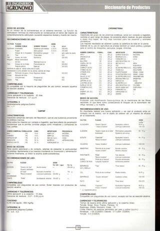 WODO DE ACCION:
:s un mhibor de la cohnesterasa en el sistema nervioso. la función de
'$111Uiaaón nerv10sa es interrumpida en consecuencia el nervio del insecto es
""'COCrdinariamente estimulado causando espasmos dureza y muerte del insecto.
~COMENDACIONES DE USO:
......."!VOS PLAGAS
NOMBRE COMUN
t.,....oo'e·o Arreb•ata!lo
Pulgon
Gorgojo de ta chupadera
'C T~
Gusano del brote
:.nold Mosca barrenadora
NOMBRE TECNICO
Oysóefcus pervv1anaus
A;llls gossypi
EU1•nobothrus gossyp11
T~r•ps tabaa
Ep.notia sp
del tal o Melanagromyza sp
GorgOJO de los Andes Premnotrypes sp
Pulguilla saltona Epknx sp
-""'0"..31te en papa es aplicar sobfe tollO el suelo.
""'dedendo la zona alrededor de fas plantas. ademas del folla,e
10 Perforador de guias y frutos Oiaphanta ntlida'ls
Mosqu 1adel bro!e
(~ydomidae)
Tnps
:::::..PATIBIUDAD:
Prodiplos ssp
Thrtps tabaa
DOSIS
1/ ha
o3·0.4
o3·0.4
1.5
mllcil.
300-400
300·400
aplic cueno de plan:a
500
300·500
400
500·800
300·500
300·500
500
400
.:_ :ompatible con la mayoría de plaguicidas de uso común, excepto aquellos
;acción alcalina.
:..:UONCIAS YTOLERANCIAS:
-;a aplicación a la cosecha 20 días.
eancia de res1duos O1 p.p.m.
.;..leGORIA: 11
..:oeradamente peligroso-Dai'lono
- <7
:A't4CTERISTICAS:
:dlcida carbamato derivado del Neurotoxon, que es una sustancia proveniente
CIPERMETRINA
CARACTERISTICAS:
InsectiCida del grupo de las ptretnnas Sintéticas. actúa por contacto e ingestión.
controla un gran rango de plagas. de excelente efecto residual. de gran actividad
a dosis muy bajas. de muy baja toxicidad para los usuarios y animales
doméstocos.
los mejores resultados se obtienen cuando la cobertura es total en la planta
Además de su uso en agricultura se emplea tamboén en salud pública y granjas
para el control de mosquitos. zancudos, pulgas. chinches.
NOMBRE COMERCIAL FORMUL. CONC. IMPORTADOR PROCEDENCIA
AFFLY CE 250 ~ OU[M'CA SUIZA SA. NACIONAL
APACHE 25 CE CE 250 gA BIOGRUN SAC CHINA
ARRIVO CE. 200~ FARMAGROS.A. U.S.A
BULLiRIM CE 250 9ft ARIS INDUSTRIAL S.A.
CAA•PAL 250 CE CE. 250 9ft NEOAGS.A.C. INDIA
CIPERKLIN C.E. 250 g.1 TOC SUB-AFRICA
COMPACT 200 EC C.E. 200 gn SILVESTRE PERU SAC. INGLATERRA
CYMBAZ 250 CE C.E 250 gn ITAGROS.A. INGLATERRA
CYPMOR25EC C.E 250 g.1 FAUSTO PIAGGIO ISRAEL1CHINA
CYPMOR CE 250 g.1 STOCKTON PERU S.AC. ISRAEL 1CHINA
GM»;f25 EC CE 250 gil SILVESTRE PERU S.A.C. GRAN BRETAÑA
GALGOTRIN LE 250 ~·, DROKASA PERU S.A. ARGENTINA
LEPITRIN 25 CE CE 250 gil HORTUSS.A. CHILE
LUXATRIN 200 EC CE 200g¡1 SilVESTRE S.A.C SINGAPUR
NURELLE 250 EC CE 250 g:1 ARISINDUSTRIAL S.A. COLOMBIA
DYRIMETHA 25 EC CE 250 !t~ GRUPOANDEX SAC COSTA RICA
SCUD CE 200 !t' FARMAGROSA USA
SHERI•F 2S' EC EC 250 gl AGRO!<l.l'lGE SA
SI-ERPA EC. 250~ CROPSA
MODO DE ACCION:
Producen una modoficacoón físico-química de la membrana de las fibras
nerviOsas lo que tiene como consecuencia el bloqueo de la transmisión del
onflujo nervioso y la muerte
RECOMENDACIONES DE USO:
Es importante realizar una buena aplicación y ver que el producto entre en
contacto con el insecto, con el ob¡eto de obtener asi un máximo de eficacia
en el tratamtento.
anélidos marmos. CULTIVO PLAGAS DOSIS
l.a.llla •
5().75 g
100-125
-......a sobre los insectos por contacto e ingestión, que tiene efecto de penetración
.saminar que le permite controlar plagas como minadores y comedores de ALCACHOFA 'Gusano E¡erct1o' Spodoptera endaria
liriomyza h•idobrenstsa polillas.
~ COMERCIAL FORMULACION CONC. IMPORTADOR PROCEDENCIA
P.S. 50% SERFI S.A. NACIONAL
-liJO P.S. 50% SERFIS.A. NACIONAL
IU50SP P.S 50 % NEOAG S.A.C. CHINA
SOPS P.S. 50% BAYERSA JAPON·NACIONAL
~.o.co 500 P.S PS 50% AGROKUNGE S.A.
.000 DE ACCION:
- e"e acción estomacal y de contacto, además de presentar la particularidad
:::aralizar rápidamente a los insectos impidiendo su locomoción y alimentación
..N!fldo finalmente, al inhiblf la enzima acetil-colinesterasa.
~MENDACIONES DE USO:
::"JO PLAGAS DOSIS
Por 200 l. agua Por ha
~ 'O..sano de hola' Anoms te•a111 25().300 9
'0..$8<>0 peo1oraóor
de hqa$' BuceulaVLl thulbere a 750 g
'Moseamonao<n' Lnomyza hu<dobrenSJs 600-800 g.
ZU.ONOSAS
~'"E 'Pcl.la' Scrobopatpula abso1U1a 30Q.t00 g.
:oMPATIBILIDAD:
:..:rpatible con plaguicídas de uso común. Evitar mezclas con productos de
'!eCCI6n alcalina.
~NCIAS Y TOLERANCIAS:
• .....-¡¡¡ aplicación a la cosecha : 10 dias.
• mosca mtnadOra'
ALGOOON 'Gusano rosado de lalndta' Pect>nophora gossypiella
Arreblatado' Dysdercus peruvia~us
ALFALFA 'Caballada' Spodoptera endania
'Mosca mlnadola' liriomyza huidobrenss
HOLANTAO 'mosca mnadora' liriomyza hutdobrensts
MENESTRAS "PaiOm lla de los bfotes"
'Gusano s•lva<lor'
PAPA/TOMATE "Poltl'
't.losca m.nadOra.
SO'<GO 'P<ll14 de la mazorca·
CUENCA OE RIOS 'Langosta m.gralOtlil'
ESPARRAGO
AJO yCEBOllA
COl
ESPARRAGO
PAI.TO
PAPRIKA ·cogollero·
·mosca mJ"''adora·
• 1a (tngredoente aellvo)
COMPATIBILIDAD:
Ep<no1ia aporema
HeiiOttlts vrescens
lula absoluta
t.or.ornyza h..clobrens•s
Pococera atrar.-enta IS
Son stocerca picemxn
Tnnps tabaco
Spodoptera frugiperda
Lmomyza hu oobfensts
50. 75.
50- 75 g
100·125
50- 75 g
50·75g
50. 75 g
50. 75 9
5().75 g
100-150
250·375
5().75 9
100·125
- erancia de residuos : 0.01 • O04 p.p.m. Compatible con plaguicodas de uso común. excepto con los de reacción alcalina.
'JXICIDAD:
:~so oral aguda : 650 mg/Kg.
:_,.TEGORIA: 111
_~mente peligroso-Cuidado
~- 4.5. 5.0
CARENCIAS Y TOLERANCIAS:
Tiempo de espera entre última aplicación y la cosecha (días):
Tomate, Sorgo, Soya, Frijoles, Paliares: 12
Espárrago, Alfalfa, Manzano, Coles : 15
l ímite máximo de residuos permitidos por pais y cultivo (p.p.m.):
Hortalizas · 1.00 (COOEX): Cebolla : 0. 1 (USA- CODEX)
Tomate : 0.5 (CODEX)
----1§)1----
 