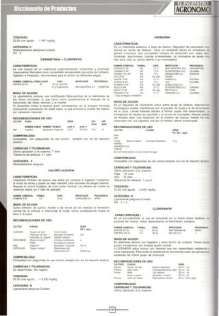 TOXICIDAD:
DLJSO oral aguda > 247 mg/Kg.
CATEGORIA: 11
Moderadamente peliogroso-Cuídado.
PH: 4
CIPERMETRINA + CLORPIRIFOS
CARACTERÍSTICAS:
Es una mezcla de un insecticida organofosforado (clorpirifos) y piretroide
(cipermetrina) formulado como concentrado emuls10nable que actúa por contacto,
ingestión e inhalación, recomendado para el control de diferentes plagas.
NOMBRE COMERCIAL FORMULACION CONC.
OISPAAO 500 EC CE 500 g.1 ClorpirJfos
50 g.1 C.permel!ina
MODO DE ACCION:
IIIPORT~DOR PROCEDENCIA
ARIS INDUSTRIALSA ARGENTINA
La cipermetrina produce una modificación físico-quimica de la membrana de
las fibras nerviosas, lo que tiene como consecuencia el bloqueo de la
transmiSión del influjo nerv1oso y la muerte.
El Clorpirifos inhibe la enzima acetil colinesterosa, en la sinapsis nerviosa
produciendo acumulación de acelll colina, lo que provoca la muerte del msecto
por cansancio muscular.
RECOMENDACIONES DE USO:
CULTIVO PL~GA DOSIS
NOMBRE COMUN NOMBRE TECNICO ml/20 lt
Cogolero Spodoptera frug perda 50-60
COMPATIBILIDAD:
mV20 lt
UAC
(días)
500-600 15-21
LMR
(ppm)
nd
Compallble con plagUJcidas de uso común . excepto con los de reacc1ón
alcalma.
CARENCIAS Y TOLERANCIAS:
Ultima aplicación a la cosecha: 7 dlas
Tolerancia de residuos: 0.1 ppm
CATEGORIA : 11
Moderadamente peligroso
CARACTERJSTICAS:
CHLORFLUAZURON
Insecticida inhibidor de quitina, que actúa por contacto e ingestión impid1endo
la muda de larvas y pupas de baja toxicidad para animales de sangre caliente.
Respeta el control biológico, de buen poder residual. Los efectos de muerte se
observan desde los 3 dlas de aplicado.
NOMBRE COMERCIAL FORMUL
~T~RON SEC CE
MODO DE ACCION:
CONC.
SOgl
IMPORT~R PROCEDENCIA
~OKliHGE SA .lN'OO
Como inhibidor de quitina, impide a las larvas de los insectos la formación
normal de la cutícula e Interrumpe la muda. Como consecuencia muere la
larva o la pupa.
RECOMENDACIONES DE USO:
CULTIVO PLAG~S
~GOOON "Gusa'lO de no¡a·
'Perforador de ho¡a'
•oerforad(l( de órganos·
P~A/TOMATE 'Mosca m1nadora'
'PdiHa'
MAIZ 'Cogollero·
HORTALIZAS 'Gusano medidor•
COMPATIBILIDAD:
AnomiS texana
Bua:ulatnx tllJtbefiela
HeiiOthis wescens
L.nomyza hu;,jobtenSIS
Scrob•palpula absoluta
Spodoptera frug.perda
Pseudoplusia spp.
Gusano de la cor
DOSIS
200 l. agua
200
300 mi
Plutella spp.
Compatible con plagu1t~das de uso común, excepto con los de reacción alcalina
CARENCIAS Y TOLERANCIAS:
No determinado. Sin registro.
TOXICIDAD:
OLJSO oral aguda > 8,500 mg/Kg.
CATEGORIA: 111
L¡geramente peligroso-Cuidado.
CIROMAZINA
CARACTERISTICAS:
Es un insectiCida s1stém1co a base de triazma Regulador de crecim1enlo ..._
activos en larvas de dipteros. Tiene un excelente efecto en minadores
género Liriomyza. Sus principales campos de aplicación son: papa a_
hortalizas, leguminosos, plantas ornamentales. La ciromazina se ajusta .-.
bien para usos en campo abierto y en invernaderos.
NOMBRE COMERCIAL FORMUL. CONC. IMPORTADOR PROCEDENCIA
CROMAS 75 'WP PM 75% ARIS INDUSTRIAL ~C GAAN BRETANA
CIROMAS 75 WP P.M 75% SltVESTREPERU SAC COlOMBIA
CIROMIN 75.,_ WP P.M 75% llROAASA PERt.J SA SINGAPUR
exa.usrv.: PM 750 !O'l<g CROPSA
MAGIC®75WP PM
75 "
FARMEXSA ~CtONAl
PATRON75WP WP 75"1. roe· COlOMBIA
STAAR•N 75 WP WP 750 g.'Kg OUIMICA SUIZA SA
RECIO 75WP PM. 75% SILVESTRE PERU SAC JOROANIA
SAETA?75WP 1M' 750 gll<g NEOAG SAC. CHINA
TRIGAAD 75 WP PM. 75% FARMAGRO SA.' COLOMBIA
• TiMar de Reg.stro: SYNGENTA
MODO DE ACCION:
Es un regulador de crecimiento activo sobre larvas de d1pteros. Aberrao-
morfológicos revelan Interferencia con el proceso de muda y el de la formac:c::
de la pupa. Larvas tratadas tienden a formar pupas mal desarrolladas
emergencia de adultos es suprimida o si ocurre es incompleta. Moscas ~
no mueren pero una reducción en el número de huevos viables ha
observado tras una ingestión oral por la hembra (efecto transovarial)
RECOMENDACIONES DE USO:
CULTIVO
P;J>A
/lP()
PLAGAS
FRIJOl 'l.lasca ll'l'adO<a' Lnomyza hJ'dob>enSIS
P~RKA
ORNAII.ENTALES
TOMATE
Se reoomienda aploea~o con alto 'll)lumen de agua
COMPATIBILIDAD:
OOSIS
Por 200 l. agua
70 g
Compatible con plaguicidas de uso común excepto con los de reacción alcakc
CARENCIAS Y TOLERANCIAS:
Ultima aplicación a la cosecha :
Papa : 35 dias
Apio : 14 dias
Tolerancia de residuos: 1 p.p.m.
TOXICIDAD:
DUSO oral aguda : 4,000 mg/Kg.
CATEGORIA: 111
Ligeramente peligroso-CUidado.
PH: 7 - 5
CARACTERÍSTICAS :
CLORFENAPIR
Es un pro-insecticida, el que es convertido en su forma activa mediante
enzimas del insecto. Actúa desacoplando la fosforilación oxidativa
NOMBRE COMERCIAL
SUN°1RE 2l!l se
CERTERO 240 se
FORIIUL
es
se
MODO DE ACCION:
CONC.
2!{) gil
240 gil
IMPORT~R
BASfPERUANA~
t<EOAGSAC
PROCEDEioC-
BRA$11.
Es altamente efectivo por ingestión y tiene acción de contacto. Posee bli!!"'!
acción translaminar con limitada acción ovlclda.
CLOFENAPIR actúa incluso con insectos que han desarrollado resistenc.a
otros insecticidas. Para evitar la resistencia se recomienda evitar las apllcaCIOr.
sucesivas del mismo grupo de productos.
RECOMENDACIONES DE USO:
CULTIVOS
Algodón
PuT11ento
Tomate
Naran¡o
PLAGAS
Gusano de lio¡a
Acaro h<alino
Pd<Jia
Gusano ejercito
Acaro del tos1ado
COMPATIBILIDAD :
CARENCIAS Y TOLERANCIAS:
Ultima aplicación a la cosecha:
Alabama ar¡¡u acea
Potyphagotaf1(l(lemus latus
Tuta abso<uta
Spodoptera endan1a
Phylloooptruta ole1vora
DOSIS
300 11;,/ ha
350 mi l ila.
250 ml.l ha
250 ml. l ha
50 mi. 1200 Lagua
---i~l----
 