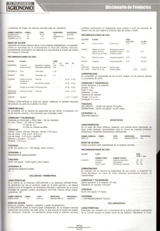 y picadores del follaje, de reduoda toxicidad para los mamíferos.
NOMBRE COMERCIAL
[)W.QIO 60 EC
GRANOLATE PlUS
GUSADRN 2 5'to PS
FORMUl
CE
G
PS
MODO DE ACCION:
CONC.
600 g.l
~~
2 5'
IMPORTADOR
TOC
FARMA!HOSA
TOC
PROCEDENCIA
NACIQ>.AI.
NACIONAl.
Insecticida de amplio espectro eficaz contra insectos masticadores y chupadores.
Inhibe la actividad de la colinesterasa a nivel del sistema nervioso.
produciéndose acumulación de acetilcolina lo que provoca la muerte del insecto
por cansancio muscular.
RECOMENDACIONES DE USO:
CULTIVO PlAGAS DOSIS
% 1% 2.5% 3%
t.IAIZ/SORGO "Cogollero· Spodoptera frugiperda o25 10 Kg.
"Gusano p•cadol' Elasmopatpus lignosellus o25
-'JO/CEBOllA "Trips" ThNps tabaa OJO
lANZANO ·~· Carpocapsa spp 0.3
'l.GOOON "Guuno de Terra' F11tia spp 24 Kg. 20 Kg
'Gorgojo de la
chupadera" Eutnobothrus gossypir 3S Kg. 30 Kg
"f'A 'Gorgojo de iOS andes' Premnouypes spp 3S Kg. 30Kg
-O'HAUZAS 'Gusan<l$ de Toerra· Feba spp 24 Kg 20 Kg
.ENESTRAS
"-.UACEN 'Gorgo¡o$' 1 2-3 S 1.3 Kg/Ton
Jstribuir umformemente la dosis por aplicar, dirigiendo la cantidad calculada
:lel producto al cuello de la planta ó al brote
COMPATIBILIDAD:
:s compatible con la mayoría de plaguicidas de uso común, a excepción con
'OS de reacción alcalina y los productos que contengan cobre.
CARENCIAS Y TOLERANCIAS:
:arencias en Granulado y Polvo Seco · No se considera
::n Conc. Emuls. : 20 días en frutales
14 días en vid
10 días en cultivos anuales.
Tolerancias :
Cebolla. Cereza, Cltricos, Melones, Tomate: 0.75 p.p.m.
Jva de mesa : 0.75 p.p.m. (E.E.U.U.)
JVa de mesa : 0.1 Op.p.m. (JAPON)
lanzano y Durazno : O.7 p.p.m.
=>omiento : 0.5 p.p.m.
-oXICIDAD:
::uso oral aguda (i.a.) : 300 mg/Kg. (Conc. Emuls.)
::ATEGORIA: 11
loderadamente peligroso-Dalino
-oXICIDAD :
JJSO oral aguda 3.000 mg/Kg (Polvo Seco)
::ATEGORIA: 111
_geramente peligroso-CUidado
::>, .7
DICLORVOS + PERMETRINA
CARACTERISTICAS:
::S la mezcla de un fosforado (DICLORVOS) y un piretroide (PERMETRINA).
3a caracteriza por ser un producto usado en la parte agrícola y en higiene
'"dustrial para la fumigación de almacenes interiores y exteriores, en el control
:a plagas de: gorgojos, polillas, escarabajos, carcomas, moscas, piojos. pulgas,
::ucarachas, etc.
'IDIIBRE COMERCIAL FORMUL.
::EI'EGAI. EXTRA L.S.
~DO DE ACCION:
CONC.
970+30 gn
IMPORTADOR PROCEDENCIA
DROKASA PERU S.A. ARGENTINA
-..:tua por contacto, ingestión, inhalación y poder de penetración.
::: DICLORVOS inhibe la enzima acetil colinesterosa, en la sinapsis nerviosa
=reduciendo acumulación de acetil colina, lo que provoca la muerte del insecto
JOr cansancio muscular. La permetrina actúa sobre el sistema nervioso
penférico produoendo un desbalance sodio potasio a nivel de neuronas. El
insecto una vez que mgiere el producto de¡a de comer y muere.
RECOMENDACIONES DE USO:
CULTIVOS PlAGAS
Plf'A Prodema spp.
TOMATE p,gador de brotes Serob palputa absoluta
Gusanodel Fruto Spodop:era endiana
Mosqu lla de los bro:es ProdopiOS S longofila
FUOl Pollla de la va•na Laspeyresia leguminos
ALFALFA Cabailada Antocarsoagenmalills
COL,
COLIFLOR, Barrenador de brotes Hetulla undals
DOSIS
mV15 litros
15-20
15-20
10-15
10-15
mi 2001.
200-250
250
180·200
180-200
COl CHINA Gusano de la 1oja Plutella xylostella 20-25 200-250
COMPATIBILIDAD:
Es compatible con plaguicldas de uso común, excepto los de reacción alcalina
o compuestos de cobre
CARENCIAS YTOLERANCIAS:
Ultima aplicación a la cosecha:
Tomate: 1 dia
Fri¡ol: 7 días
Hortalizas: 14 días
Tolerancia de residuos
Tomate: O2 p p.m
Hortalizas O1 p p m
TOXICIDAD:
DICLORVOS · DU50 oral aguda: 78 mg/Kg
PERMETRINA · DU50 oral aguda: >8,000 mg/Kg
CATEGORIA: 1b
Altamente peligroso
CARACTERISTICAS:
DICROTOFOS
Es un estar del ácido fosfórico, sistémico con potente acción estomaca de
largo poder residual. recomendado para el control de insectos ptcadores
chupadores, minadores, barrenadores, perforadores.
NOMBRE COMERCIAL FORMUL. CONC.
820 gil
IMPORTADOR PROCEDENCIA
SIORIN 85 Sl DROKASAPERU S.A. USA
MODO DE ACCION:
Inhibe la enzima acetil colinesterasa en la sinapsis nerviosa.
RECOMENDACIONES DE USO:
CULTIVO
AlGODON
PlAGA
HOMBRE COMUN
Arrtboatado
Pulgones
Gusano rosado
COMPATIBILIDAD:
NOMBRE TECNICO
Oysderros pperwtall<IS
Aphs gDSSYJll
P~goss1J)iea
DOSIS
mU200 l. agua
150 - 165
80 - IDO
150 - 200
Es miscrble con la mayorla de plaguicidas de uso común, a excepción de
Caldo Bordales, en caso de duda efectuar previamente ensayo de
compatrbthdad
CARENCIAS YTOLERANCIAS:
Ultima aplicación a la cosecha: 20 días
Tolerancia de restduos: 0.05 ppm
TOXICIDAD:
DUSO oral aguda 14 mg/kg
CATEGORIA:
1 - EXTREMADAMENTE TOXICO.
DIFLUBENZURON
CARACTERISTICAS:
Insecticida que interfiere con la formación de la quitina principal componente
de la cutlcula durante el estado larval de los insectos, dificultando la muda
----f~t----
 